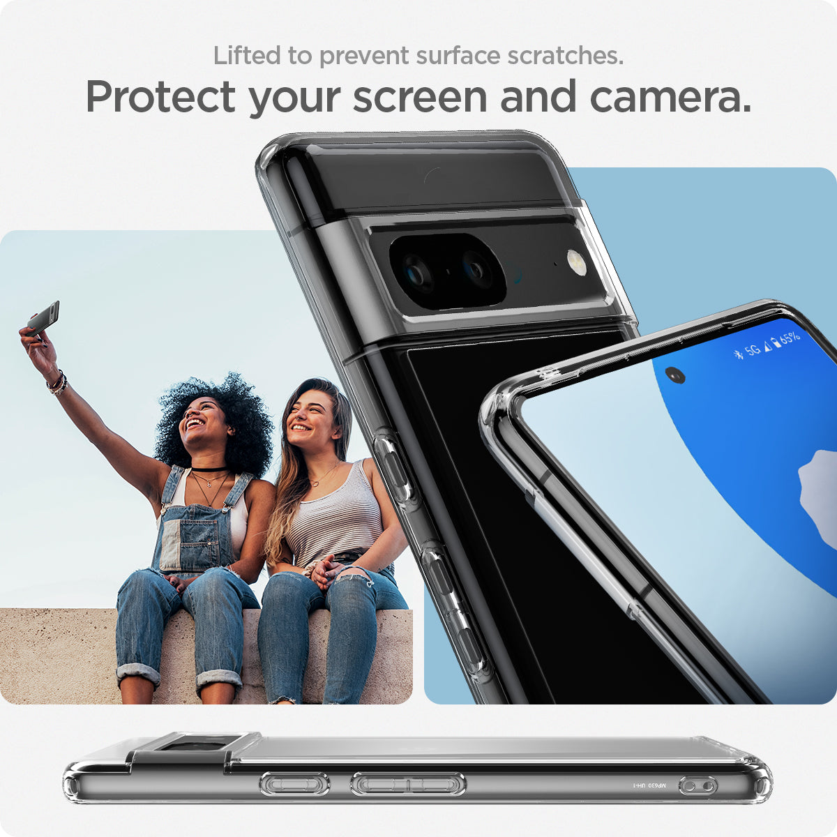 ACS04699 - Pixel 7 Case Ultra Hybrid in crystal clear showing the protection for your screen and camera. Lifted to prevent surface scratches