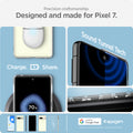 ACS04699 - Pixel 7 Case Ultra Hybrid in crystal clear showing the precision craftsmanship. charge, share. sound tunnel tech.