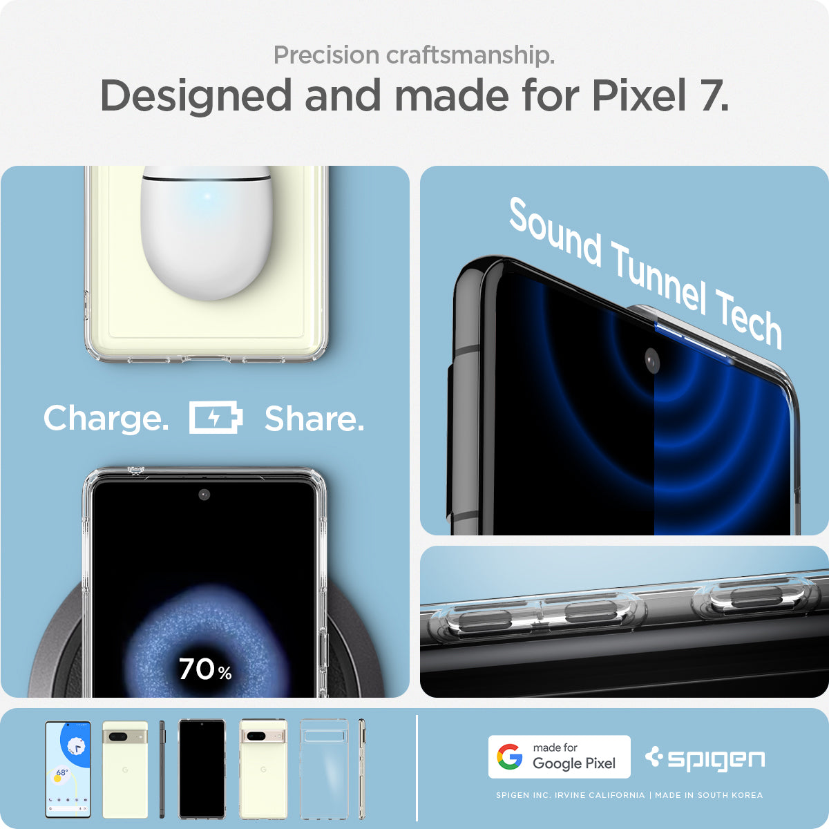 ACS04699 - Pixel 7 Case Ultra Hybrid in crystal clear showing the precision craftsmanship. charge, share. sound tunnel tech.