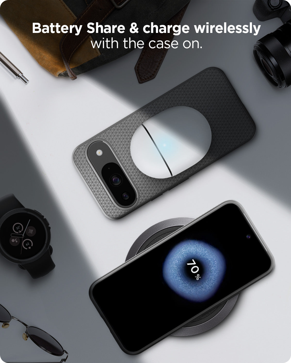 ACS07684 - Pixel 9 Pro Case Liquid Air in Marble Gray battery share and charge wirelessly with the case on.