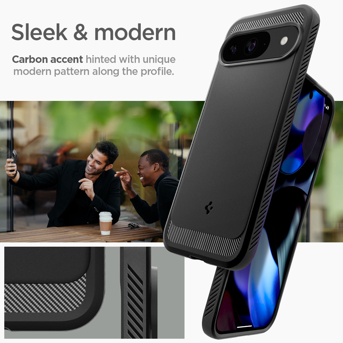 ACS07685 - Pixel 9 Pro Case Rugged Armor in Matte Black sleek and modern carbon accent hinted with unique modern pattern along the profile.