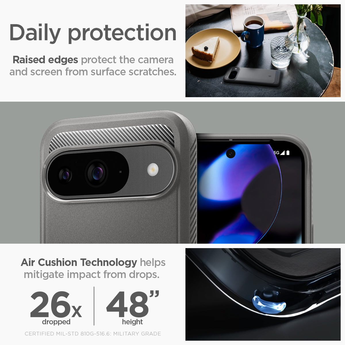 ACS07783 - Pixel 9 Pro Case Rugged Armor in Marble Gray daily protection raised edges protect the camera and screen from surface scratches. Air cushion technology helps mitigate impact from drops.
