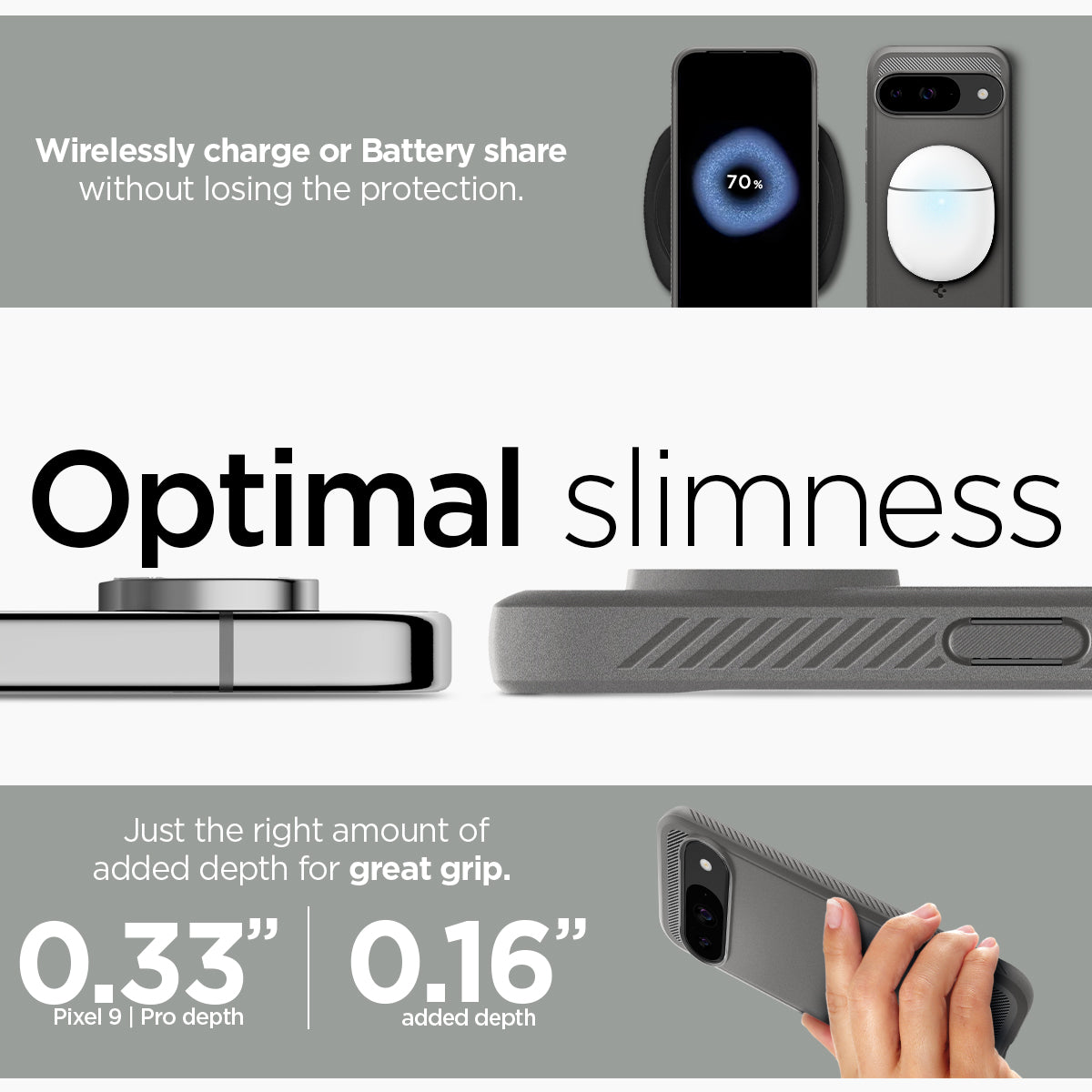 ACS07783 - Pixel 9 Pro Case Rugged Armor in Marble Gray wirelessly charge or battery share without losing the protection. Optimal slimness. Just the right amount of added depth for great grip.
