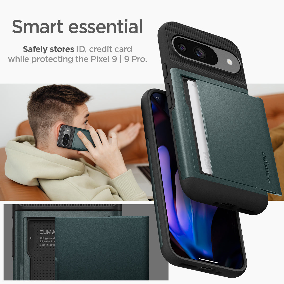 ACS07696 - Pixel 9 Pro Case Slim Armor CS in Abyss Green Smart essential. Safely stores ID, credit card while protecting the Pixel 9 and 9 Pro.