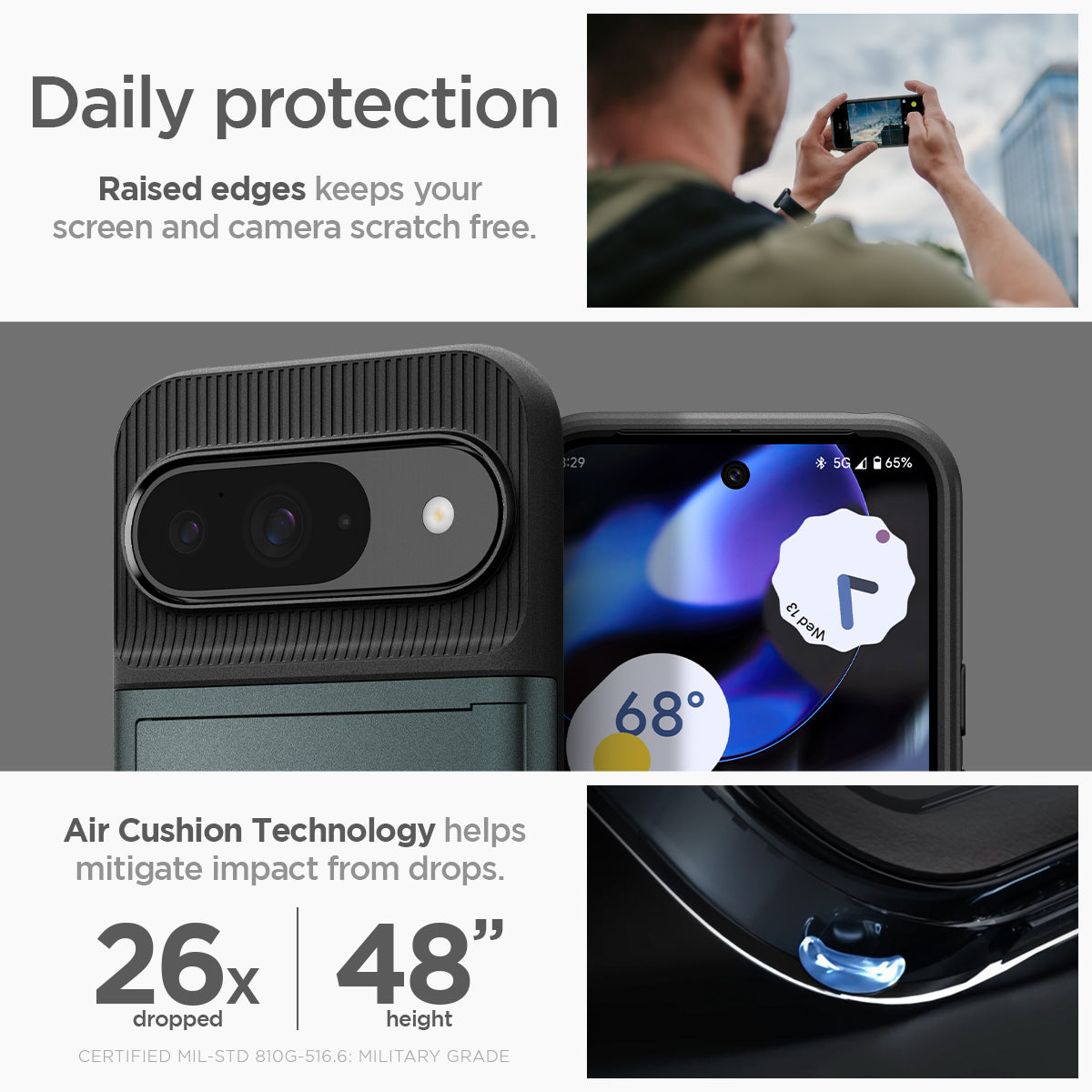 ACS07696 - Pixel 9 Pro Case Slim Armor CS in Abyss Green daily protection raised edges protect the camera and screen from surface scratches. Air cushion technology helps mitigate impact from drops.