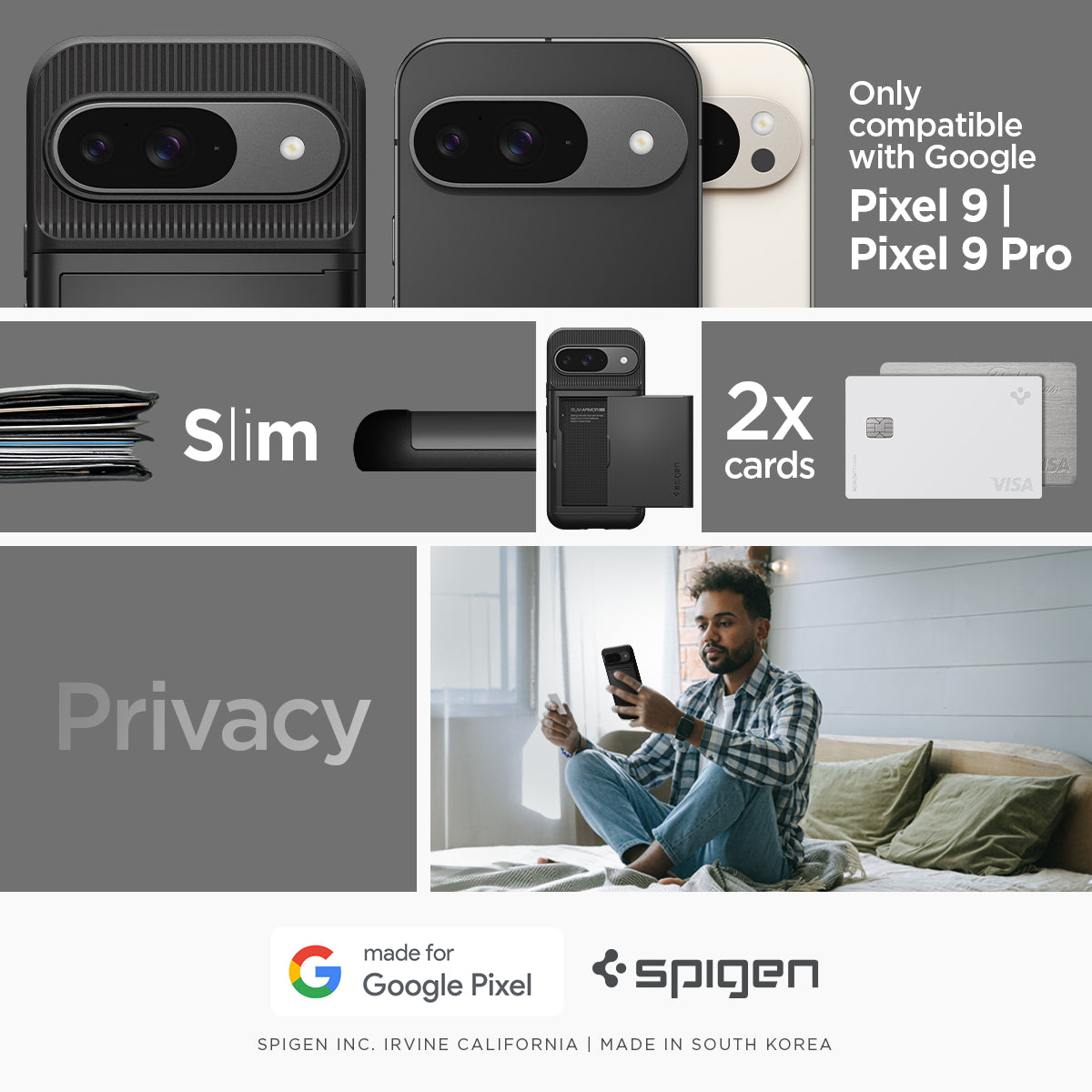 ACS07695 - Pixel 9 Pro Case Slim Armor CS in Black only compatible with Google Pixel 9, 9 pro. Slim, Privacy 2x cards.
