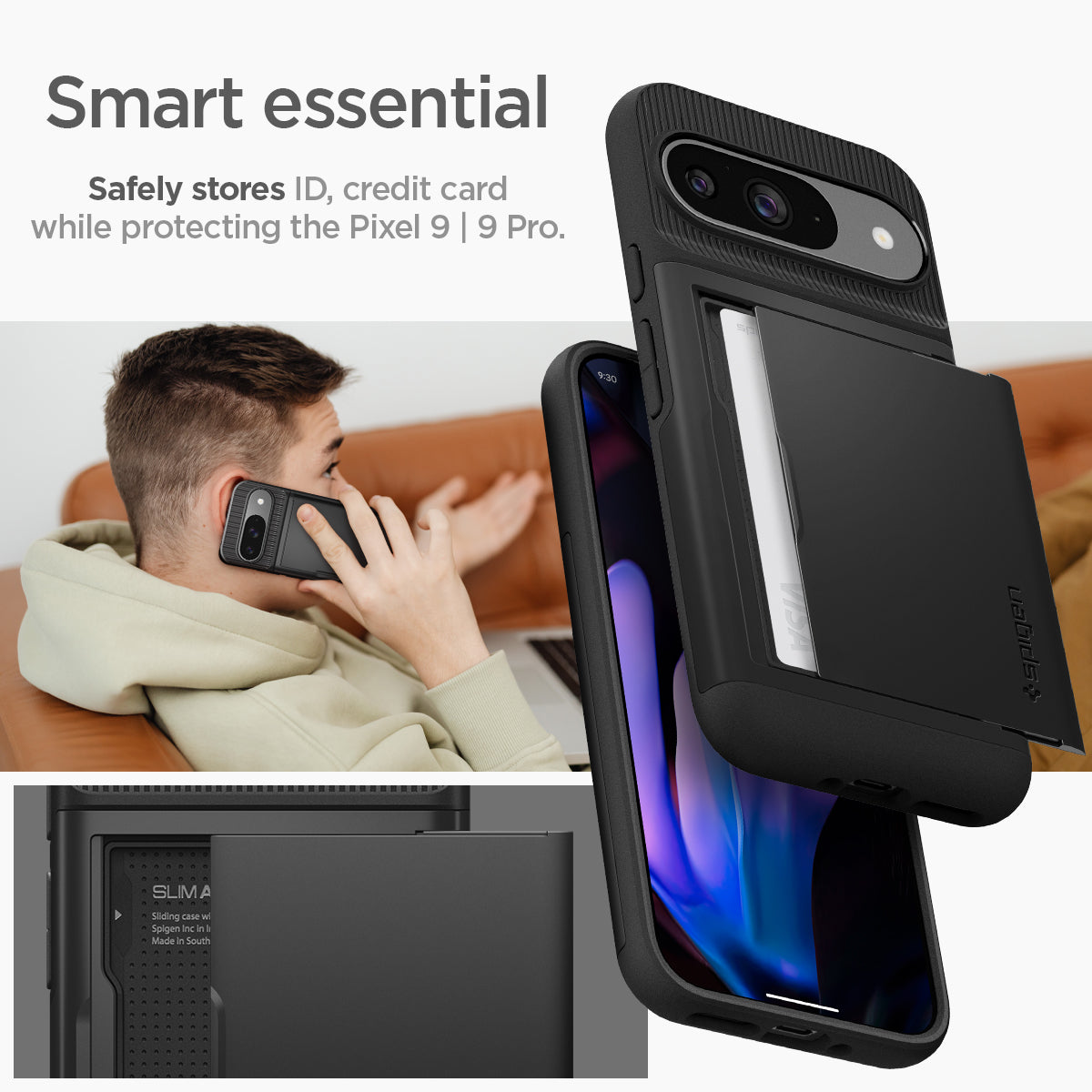 ACS07695 - Pixel 9 Pro Case Slim Armor CS in Black Smart essential. Safely stores ID, credit card while protecting the Pixel 9 and 9 Pro.