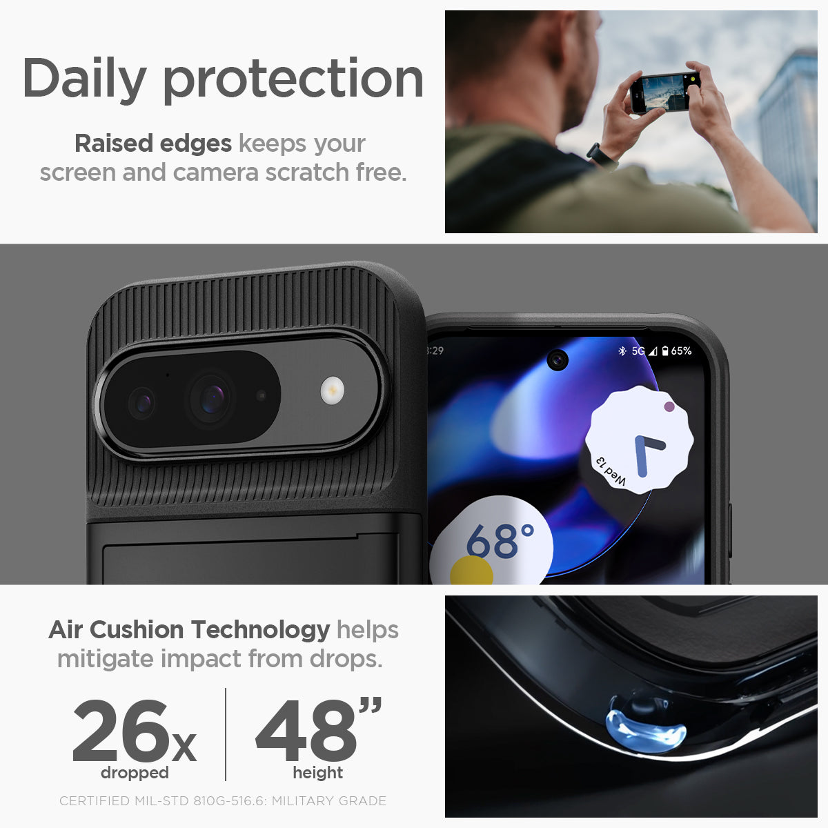 ACS07695 - Pixel 9 Pro Case Slim Armor CS in Black daily protection raised edges protect the camera and screen from surface scratches. Air cushion technology helps mitigate impact from drops.