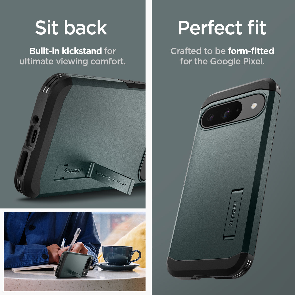 ACS07694 - Pixel 9 Pro Case  Tough Armor in Abyss Green sit back built in kick stand for ultimate viewing comfort. Perfect fit crafted to be form fitted for the google pixel.