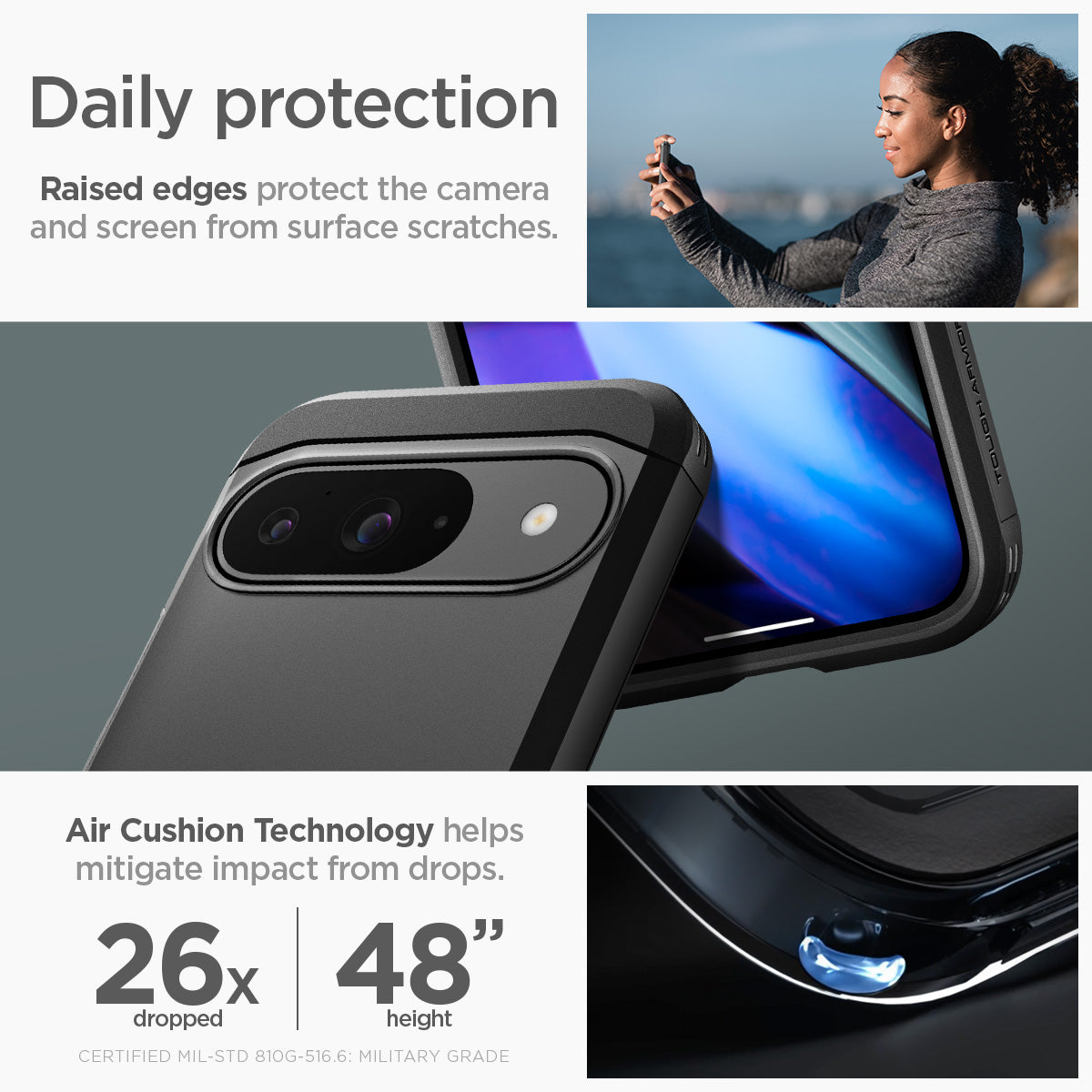 ACS07692 - Pixel 9 Pro Case Tough Armor in Black daily protection raised edges protect the camera and screen from surface scratches. Air cushion technology helps mitigate impact from drops.