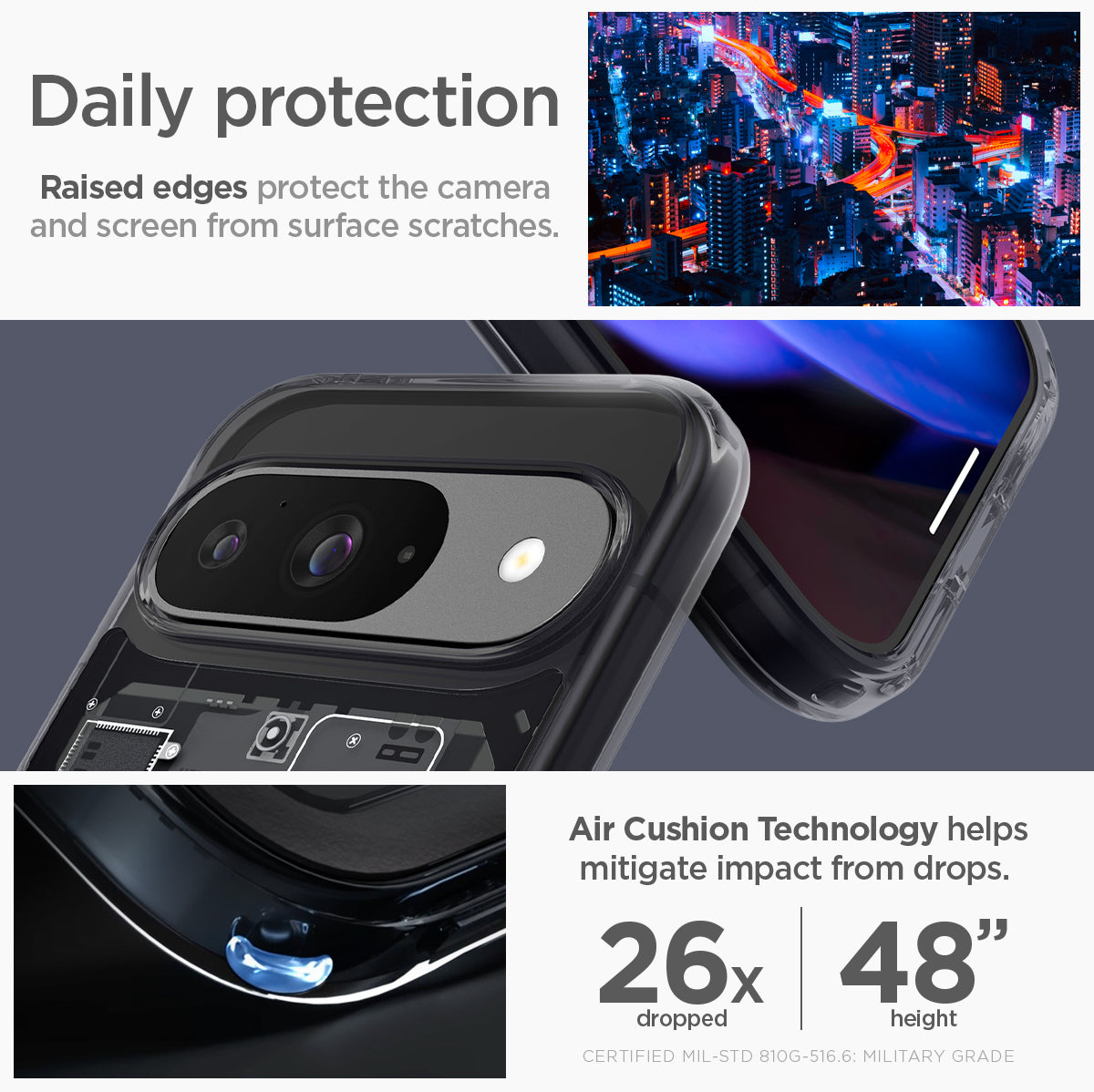 ACS07688 - Pixel 9 Pro Case Ultra Hybrid Zero One in Zero One  daily protection raised edges protect the camera and screen from surface scratches. Air cushion technology helps mitigate impact from drops.

