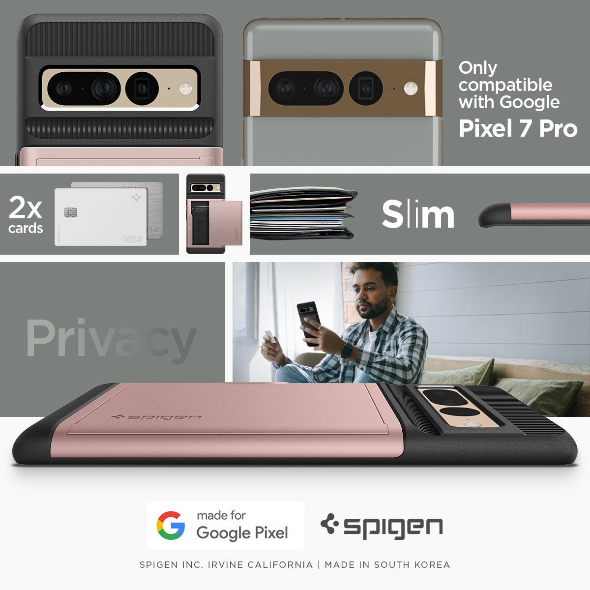 ACS04732 - Pixel 7 Pro Case Slim Armor CS in rose gold only compatible with Google Pixel 7 pro. Slim, Privacy 2x cards.