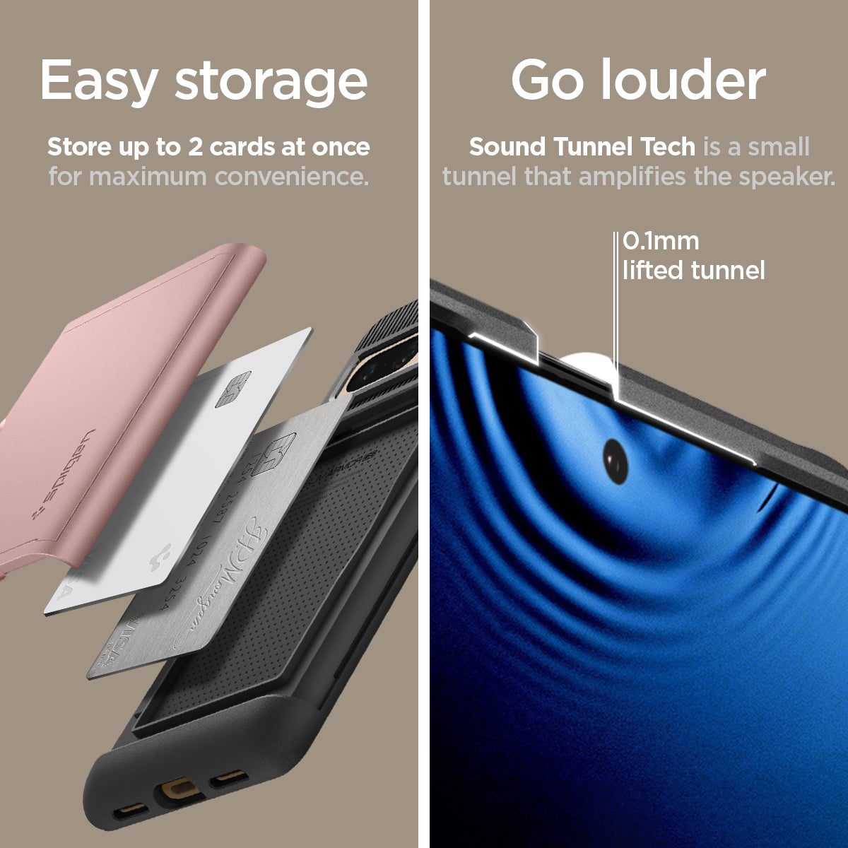 ACS04732 - Pixel 7 Pro Case Slim Armor CS in rose gold  Easy storage. store up to 2 cards at once for maximum convenience. Go louder sound tunnel tech is a small tunnel that amplifies the speaker. 0.1mm lifted tunnel.