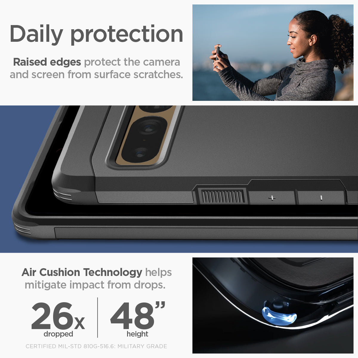ACS04728 - Pixel 7 Pro Case Tough Armor in black daily protection raised edges protect the camera and screen from surface scratches. Air cushion technology helps mitigate impact from drops.