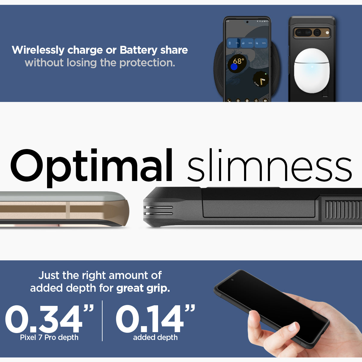 ACS04728 - Pixel 7 Pro Case Tough Armor in black wirelessly charge or battery share without losing the protection. Optimal slimness. Just the right amount of added depth for great grip.