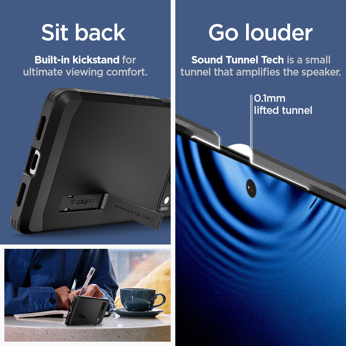 ACS04728 - Pixel 7 Pro Case Tough Armor in black sit back built in kick stand for ultimate viewing comfort. Go louder sound tunnel tech is a small tunnel that amplifies the speaker.