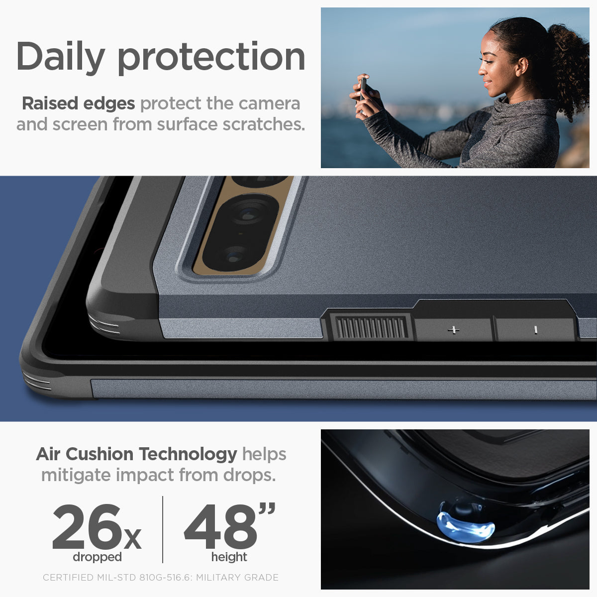 ACS04729 - Pixel 7 Pro Case Tough Armor in metal slate daily protection raised edges protect the camera and screen from surface scratches. Air cushion technology helps mitigate impact from drops.
