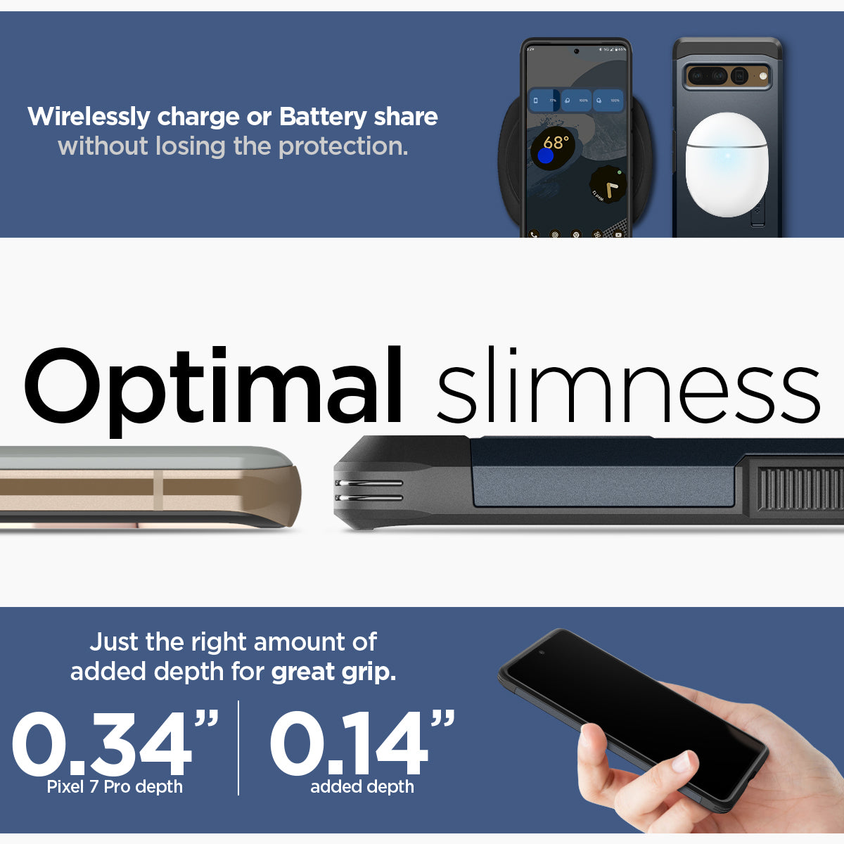 ACS04729 - Pixel 7 Pro Case Tough Armor in metal slate wirelessly charge or battery share without losing the protection. Optimal slimness. Just the right amount of added depth for great grip.