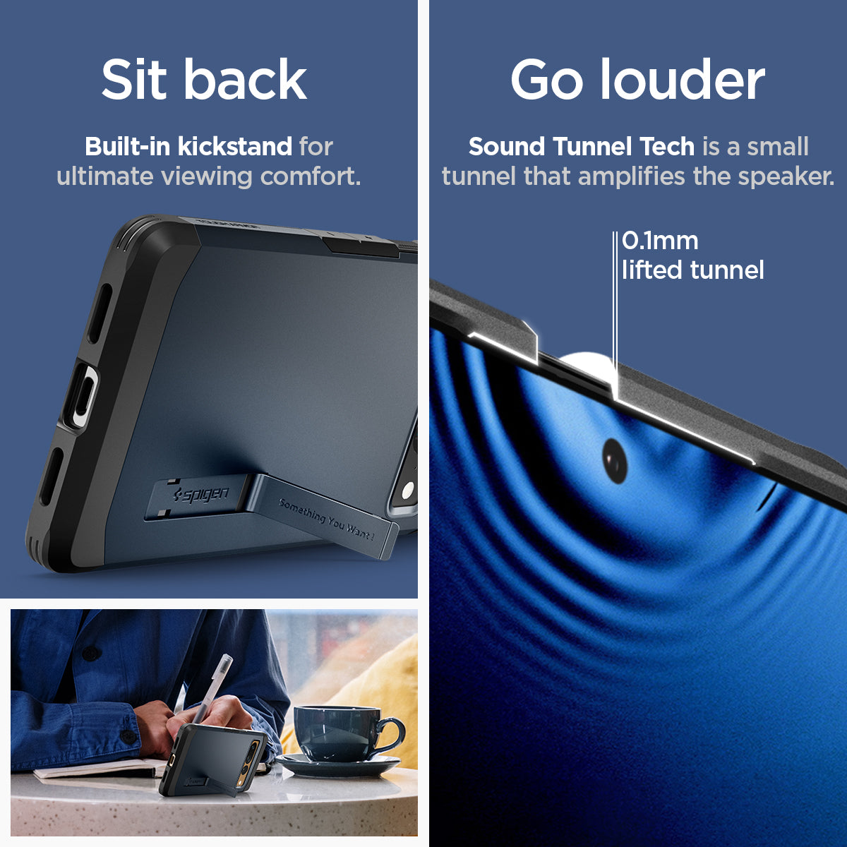 ACS04729 - Pixel 7 Pro Case Tough Armor in metal slate sit back built in kick stand for ultimate viewing comfort. Go louder sound tunnel tech is a small tunnel that amplifies the speaker.