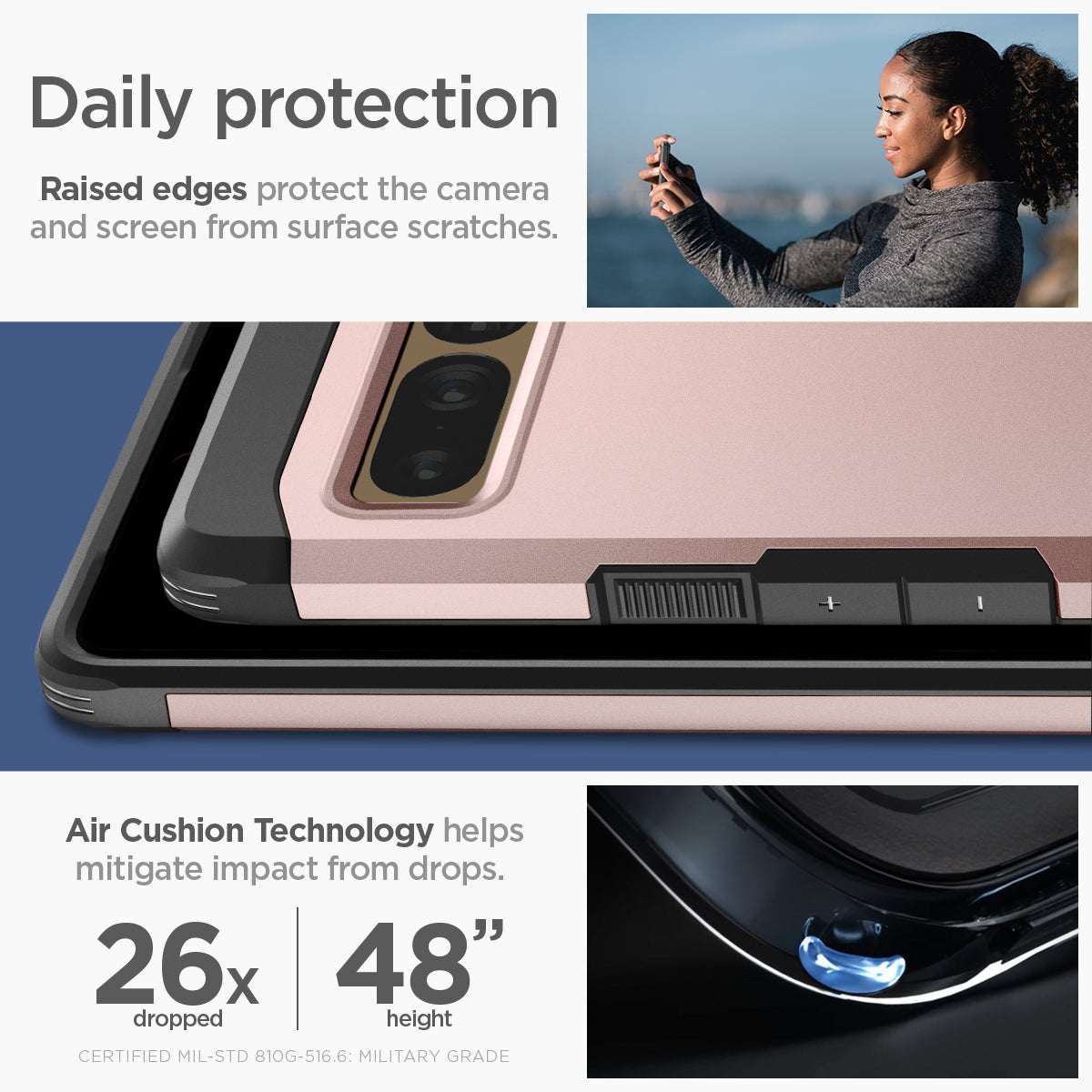 ACS04730 - Pixel 7 Pro Case Tough Armor in rose gold daily protection raised edges protect the camera and screen from surface scratches. Air cushion technology helps mitigate impact from drops.