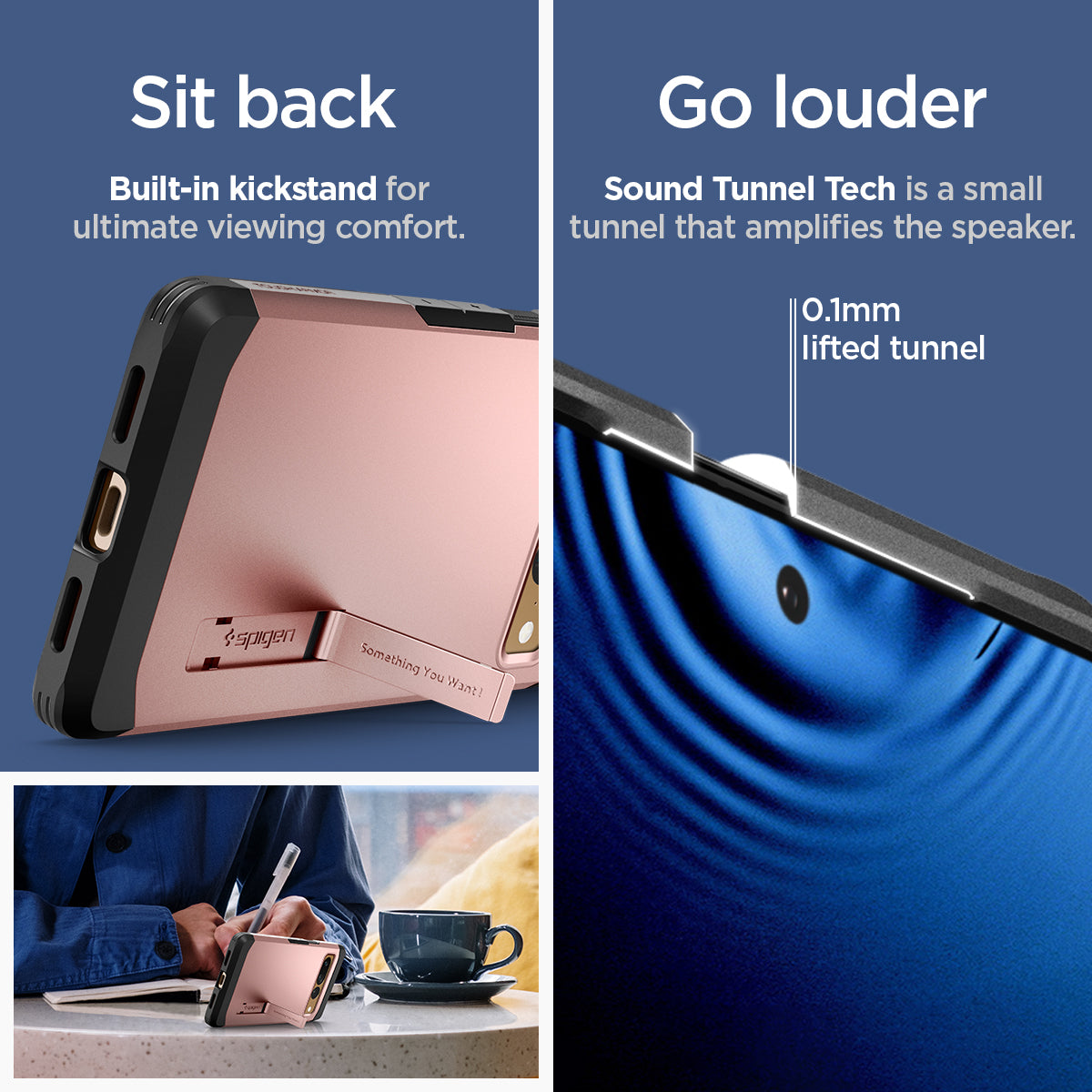 ACS04730 - Pixel 7 Pro Case Tough Armor in rose gold sit back built in kick stand for ultimate viewing comfort. Go louder sound tunnel tech is a small tunnel that amplifies the speaker.