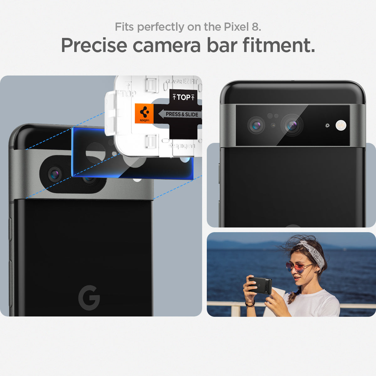 AGL06352 - Pixel 8 Optik Lens Protector fits perfectly on the pixel 8 pro. precise camera bar fitment.