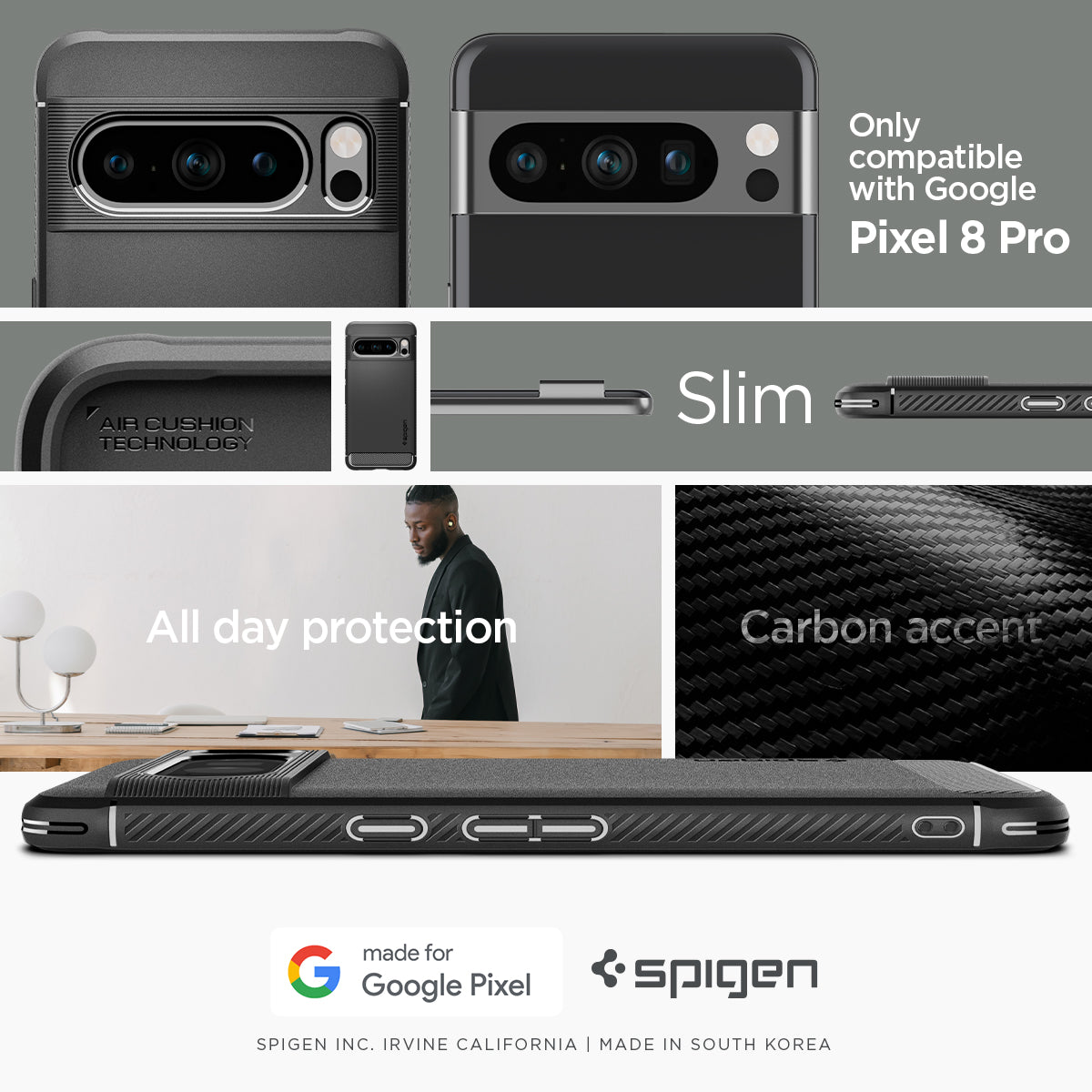 ACS06314 - Pixel 8 Pro Case Rugged Armor in matte black only compatible with Pixel 8 pro. all day protection. optimal grip. carbon accents.