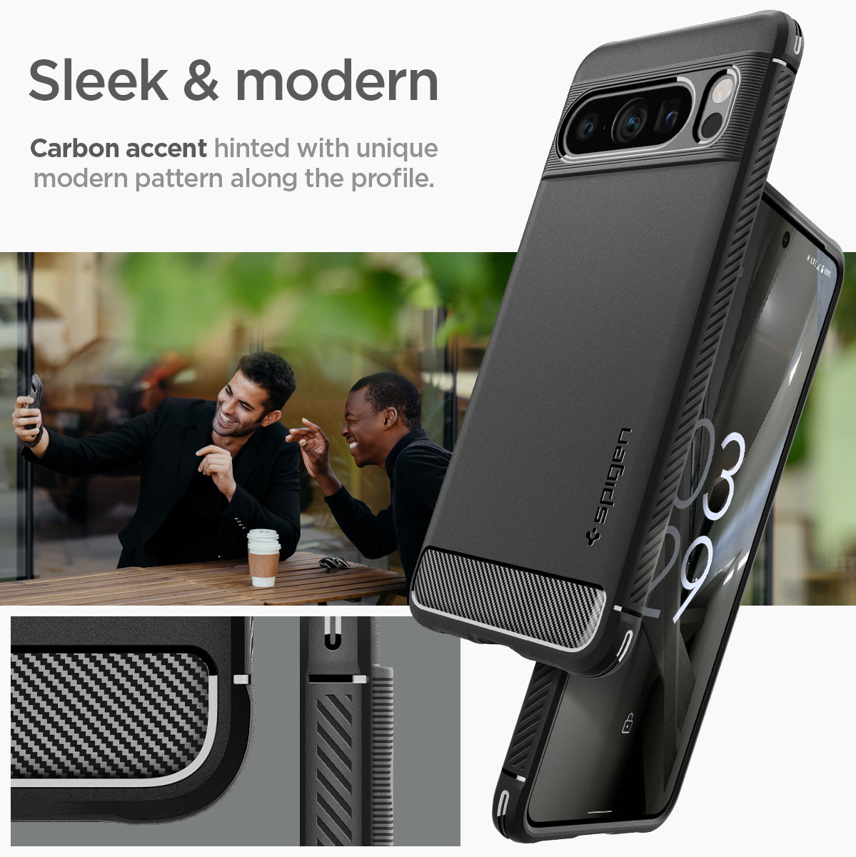 ACS06314 - Pixel 8 Pro Case Rugged Armor in matte black sleek and modern carbon accent hinted with unique modern pattern along the profile.