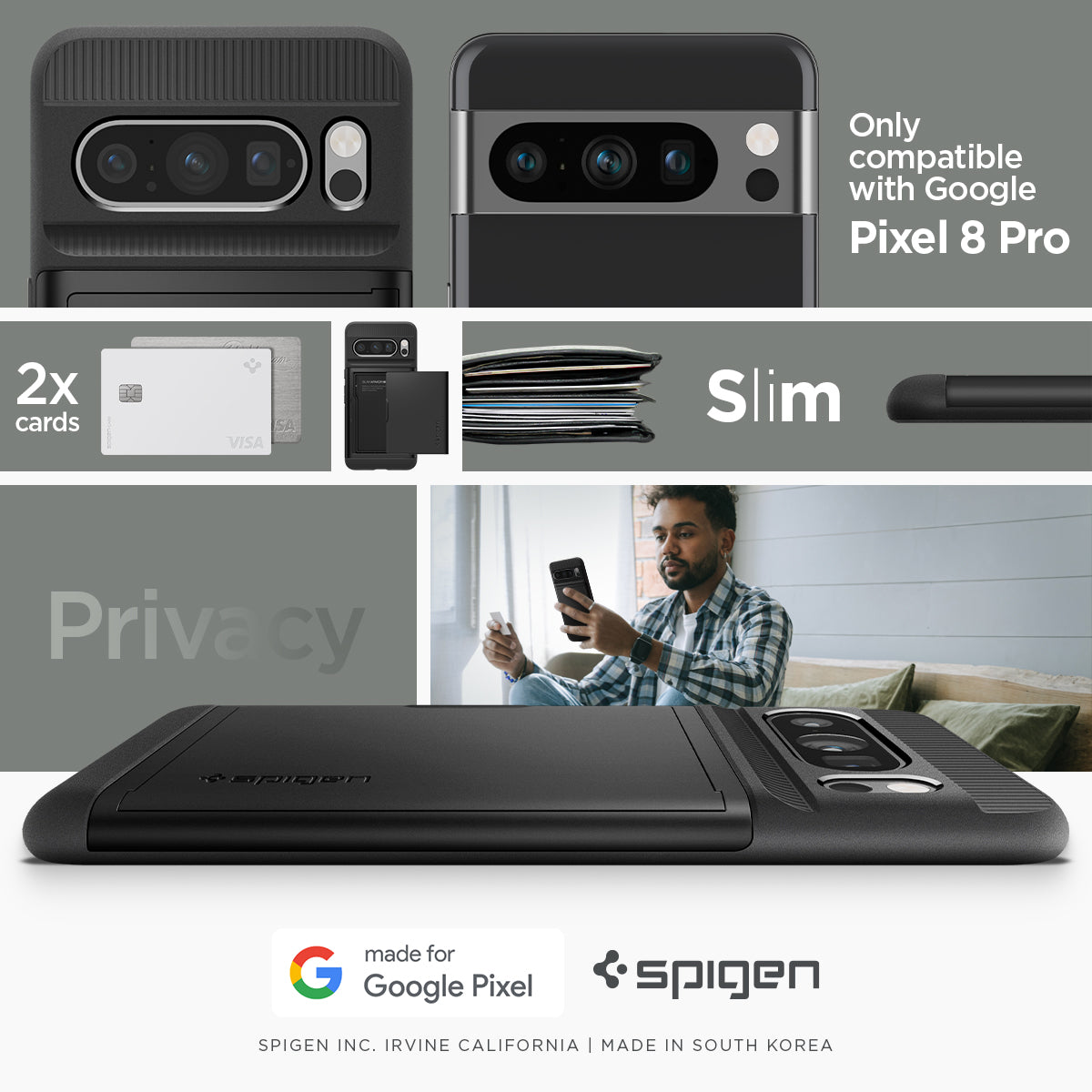 ACS06323 - Pixel 8 Pro Case Slim Armor CS in black only compatible with Google Pixel 8 pro XL. Slim, Privacy 2x cards.