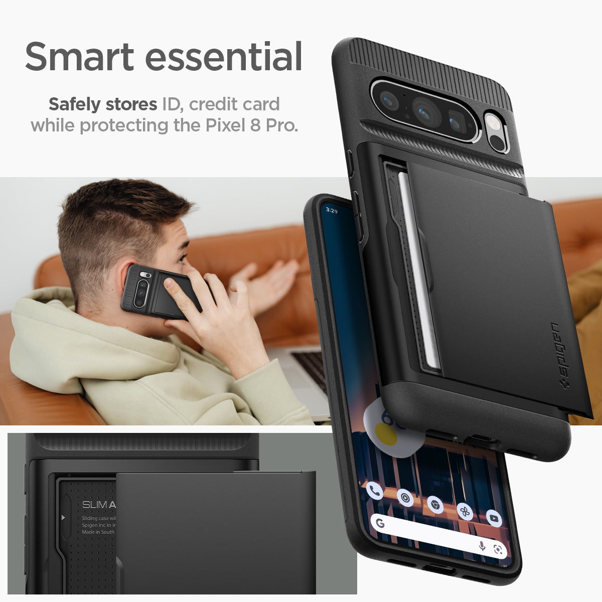 ACS06323 - Pixel 8 Pro Case Slim Armor CS in black Smart essential. Safely stores ID, credit card while protecting the Pixel 8 Pro.