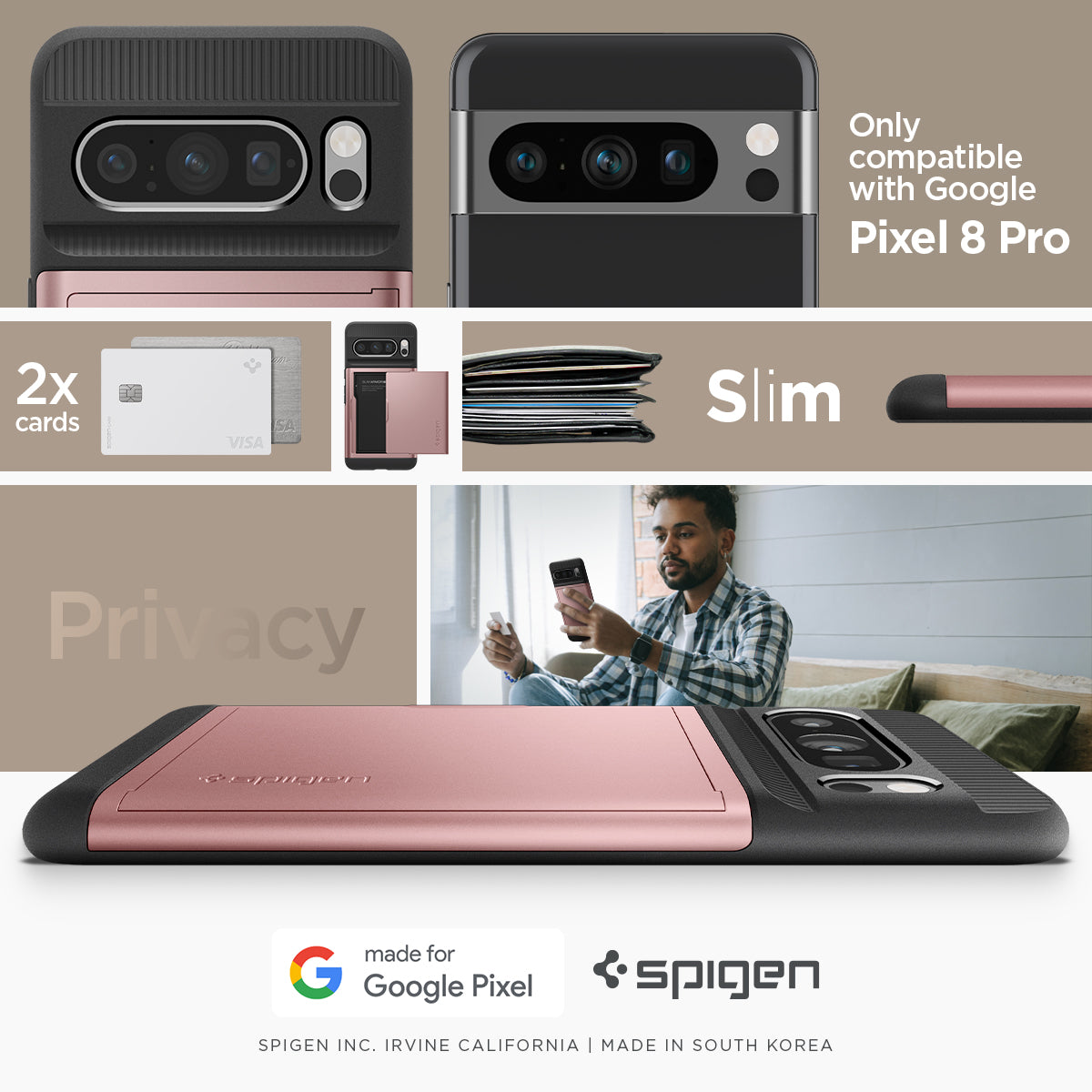 ACS06324 - Pixel 8 Pro Case Slim Armor CS in rose gold only compatible with Google Pixel 8 pro XL. Slim, Privacy 2x cards.