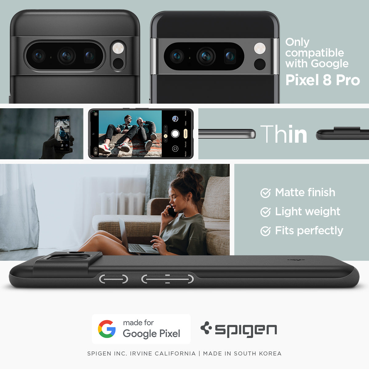 ACS06325 - Pixel 8 Pro Case Thin Fit in black only compatible with google pixel 8 pro. thin. matte finish. light weight. fits perfectly. made for google.
