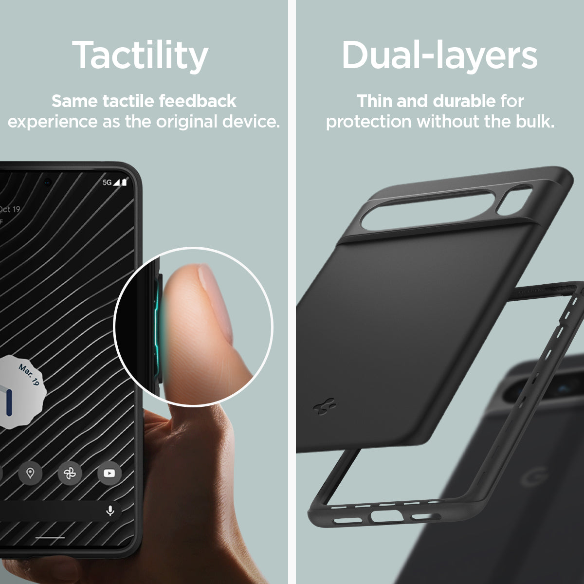 ACS06325 - Pixel 8 Pro Case Thin Fit in black tactility same tactile feedback experience as the original device. Dual layers thin and durable for protection without the bulk.