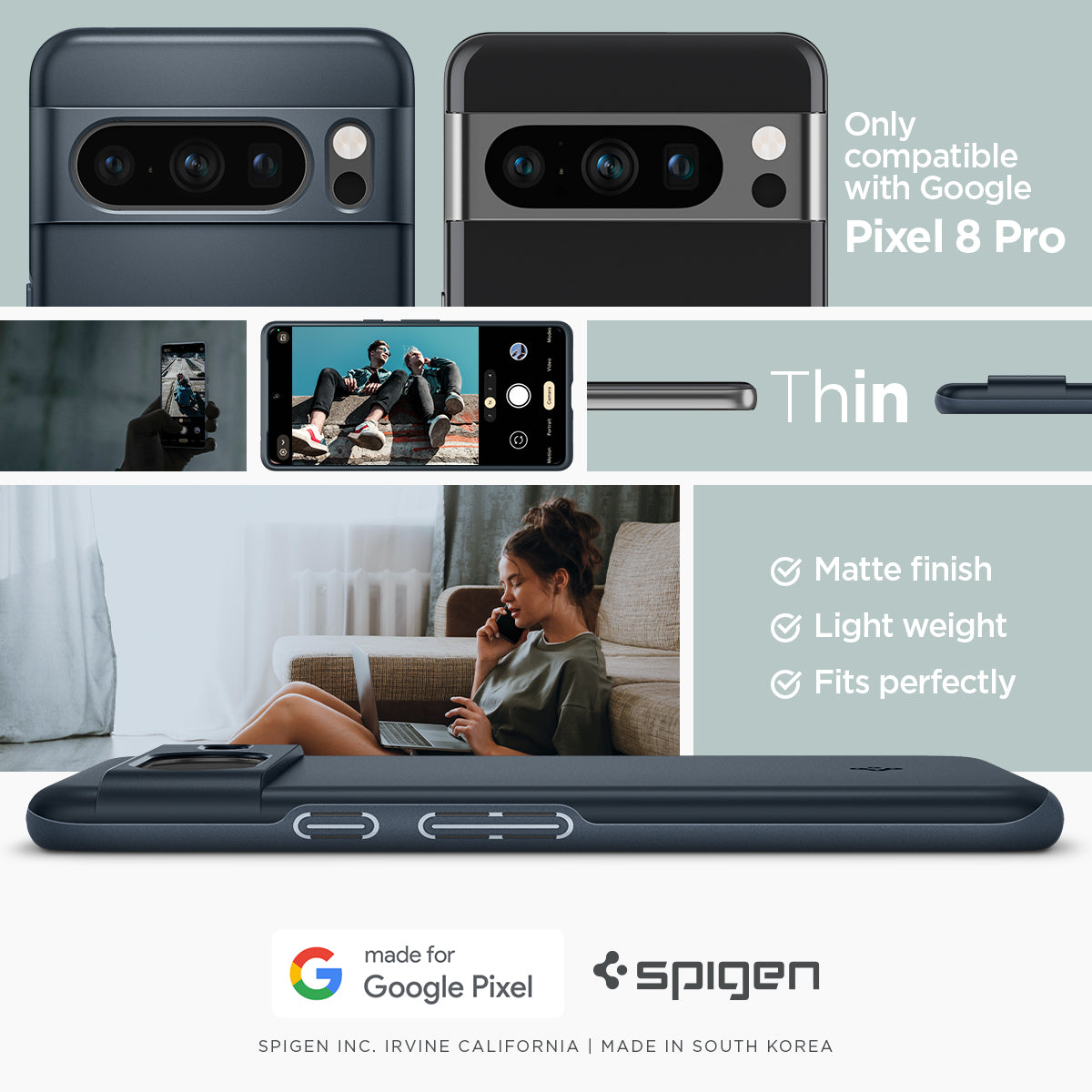 ACS06326 - Pixel 8 Pro Case Thin Fit in metal slate only compatible with google pixel 8 pro. thin. matte finish. light weight. fits perfectly. made for google.
