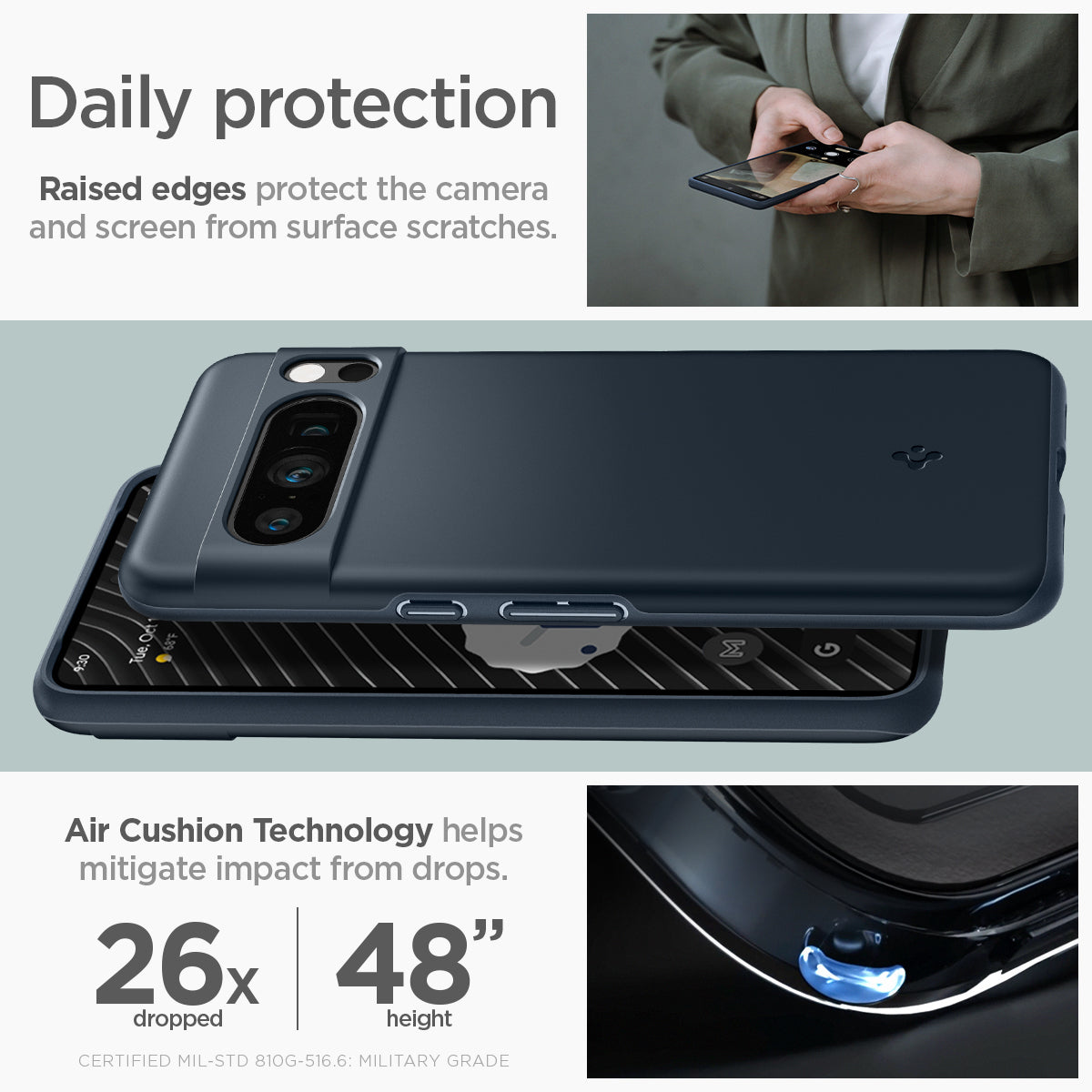 ACS06326 - Pixel 8 Pro Case Thin Fit in metal slate daily protection raised edges protect the camera and screen from surface scratches. Air cushion technology helps mitigate impact from drops.
