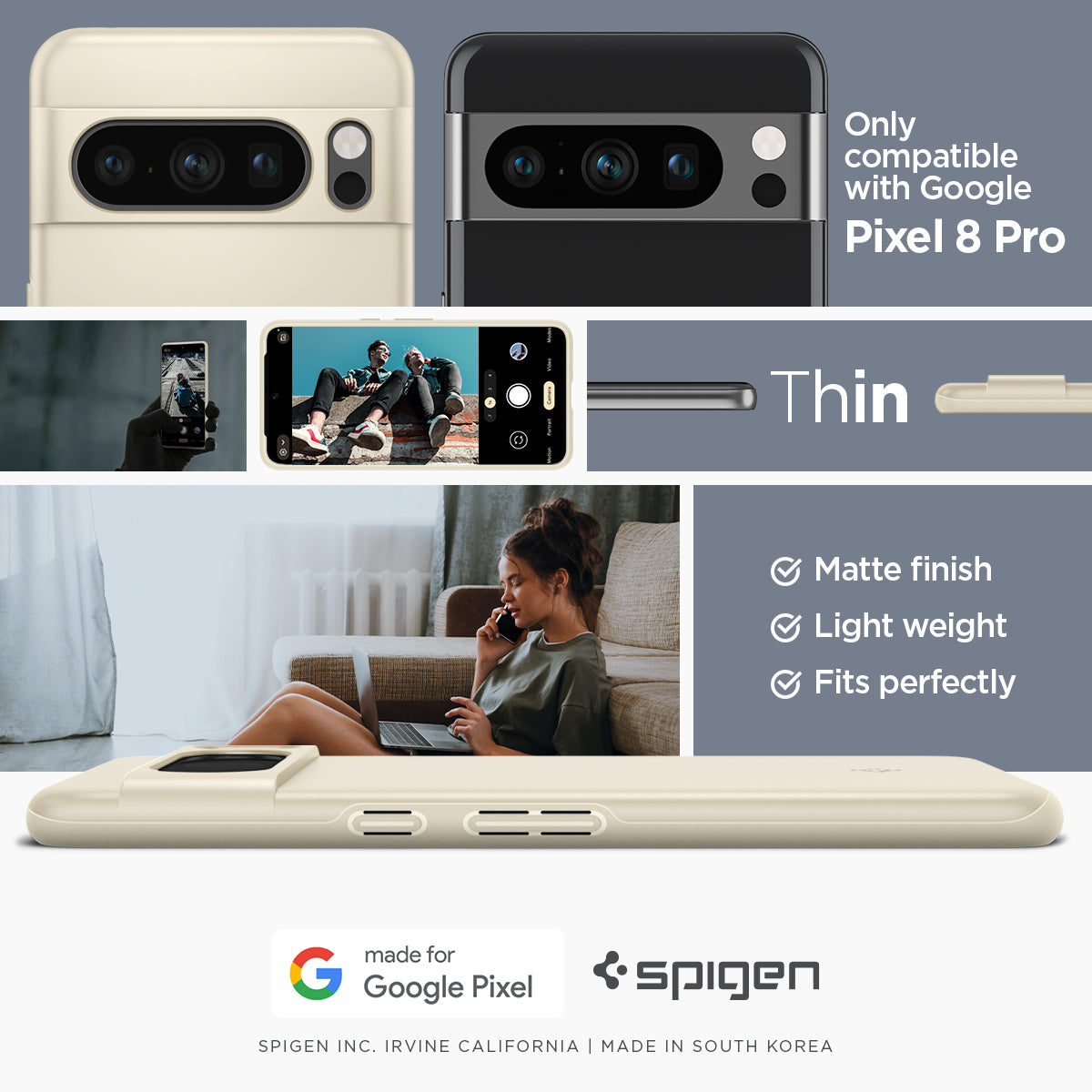 ACS06328 - Pixel 8 Pro Case Thin Fit in mute beige only compatible with google pixel 8 pro. thin. matte finish. light weight. fits perfectly. made for google.
