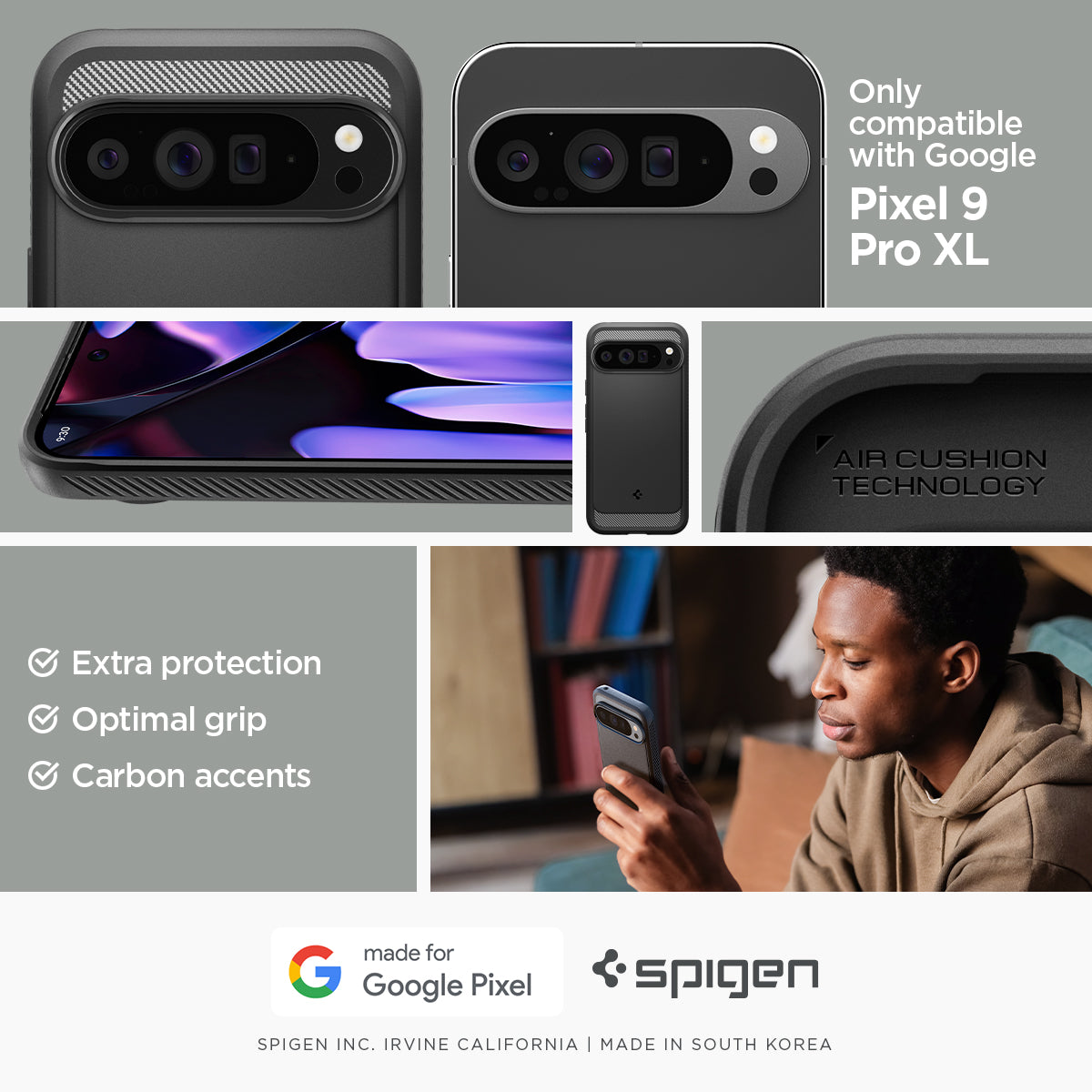 ACS07719 - Pixel 9 Pro XL Case Rugged Armor in Matte Black only compatible with Pixel 9 pro XL. Extra protection. optimal grip. carbon accents.