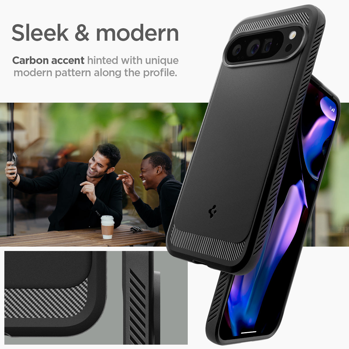 ACS07719 - Pixel 9 Pro XL Case Rugged Armor in Matte Black sleek and modern carbon accent hinted with unique modern pattern along the profile.