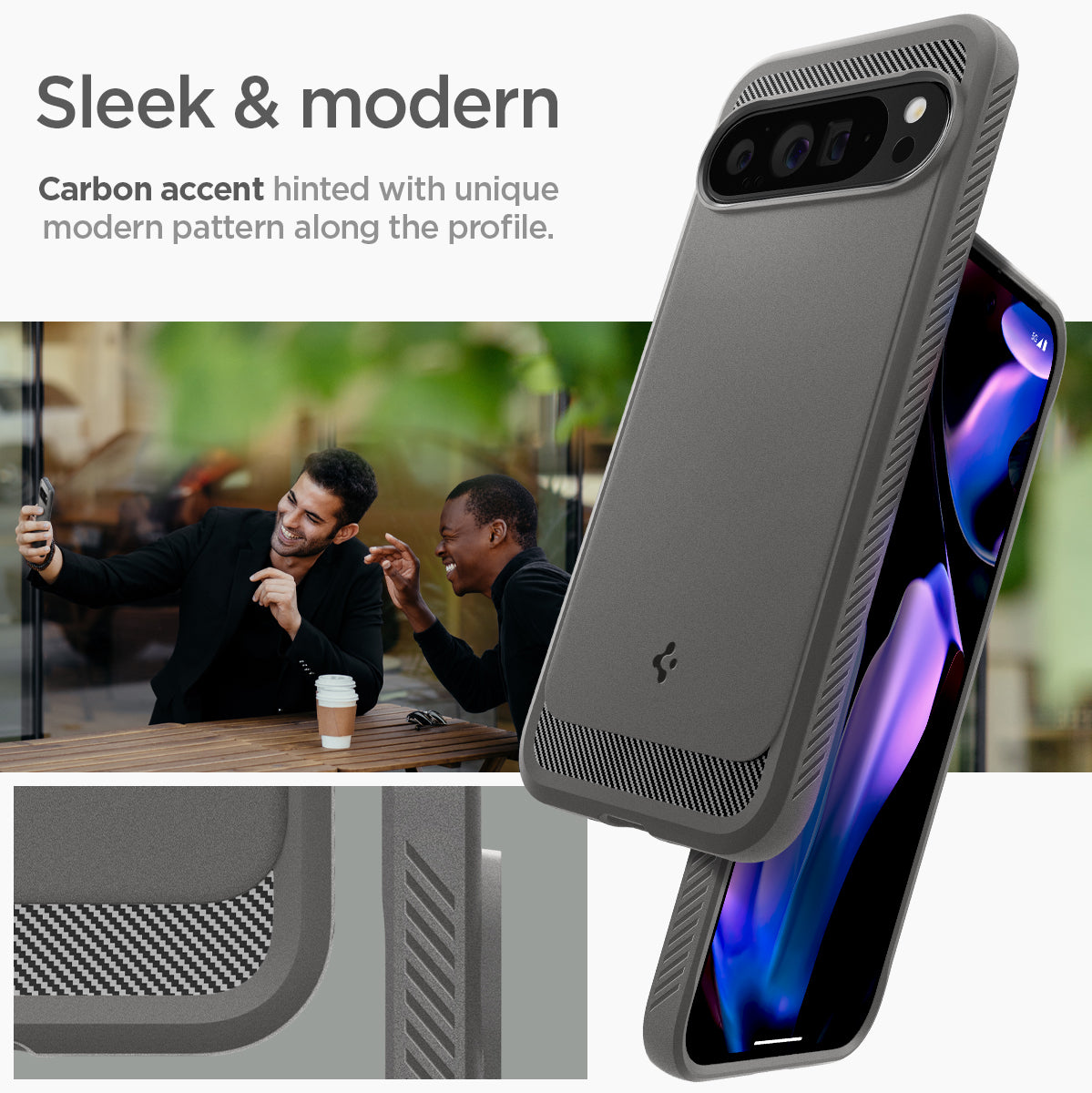 ACS07784 - Pixel 9 Pro XL Case Rugged Armor in Marble Gray sleek and modern carbon accent hinted with unique modern pattern along the profile.