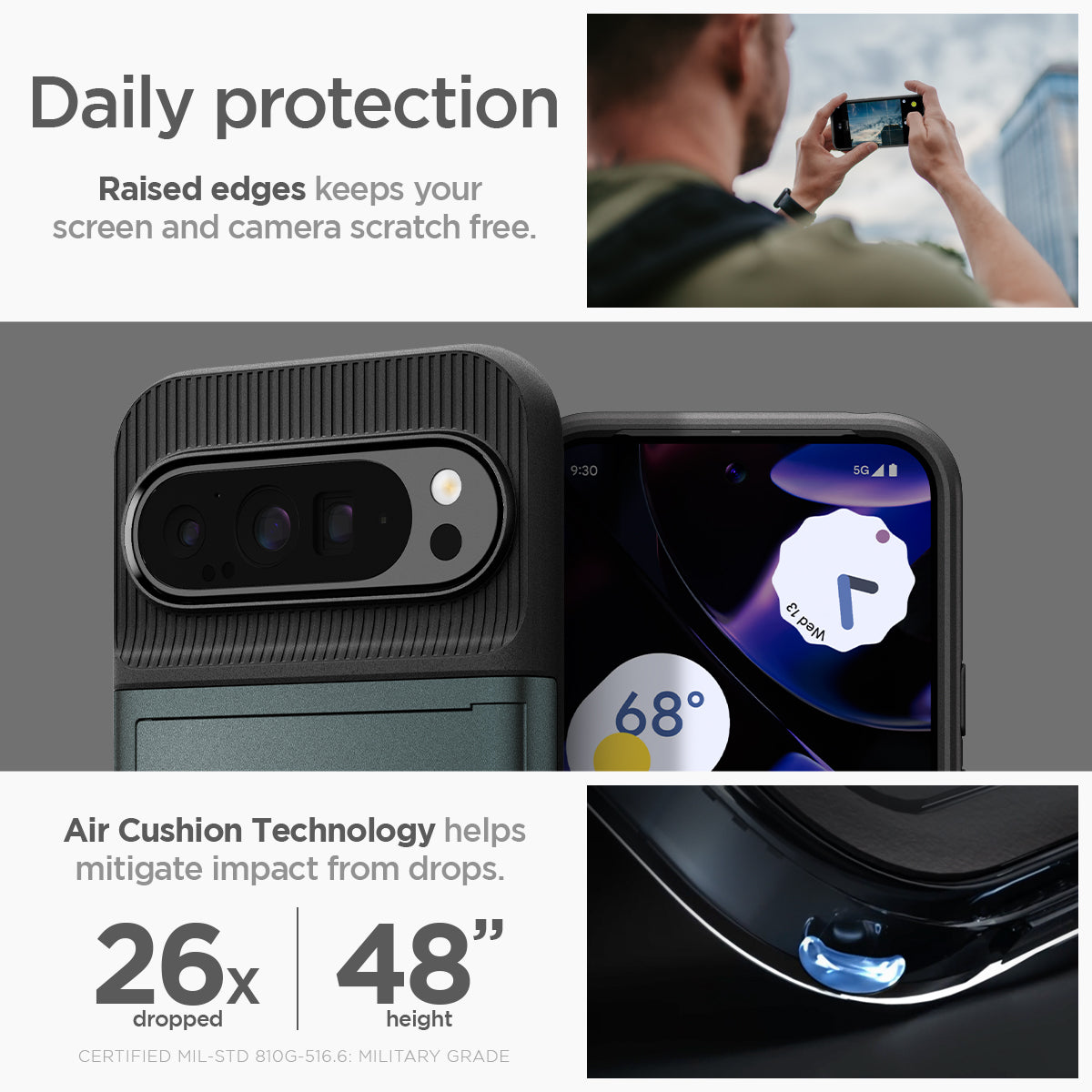 ACS07730 - Pixel 9 Pro XL Case Slim Armor CS in Abyss Green daily protection raised edges protect the camera and screen from surface scratches. Air cushion technology helps mitigate impact from drops.
