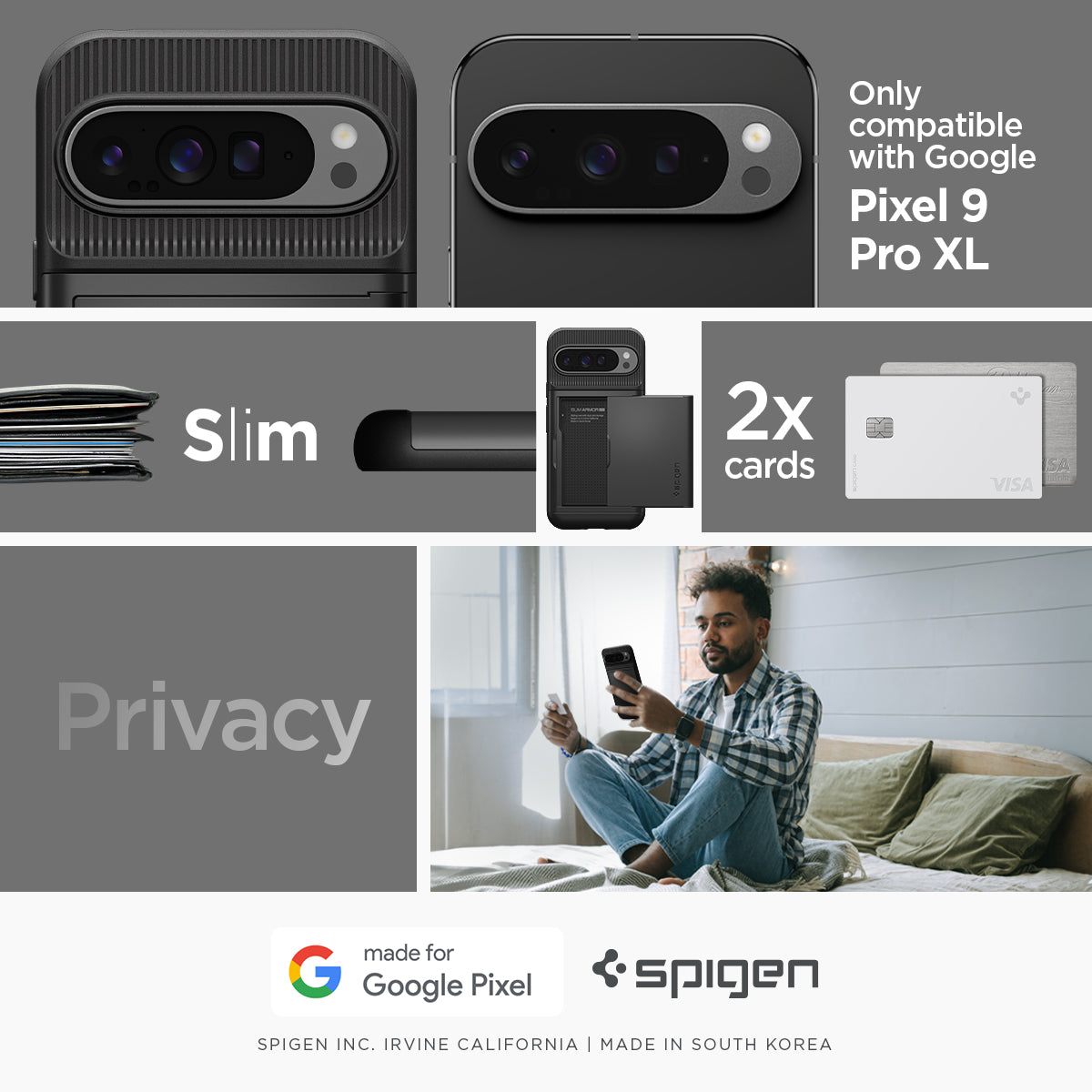 ACS07729 - Pixel 9 Pro XL Case Slim Armor CS in Black only compatible with Google Pixel 9 pro XL. Slim, Privacy 2x cards.