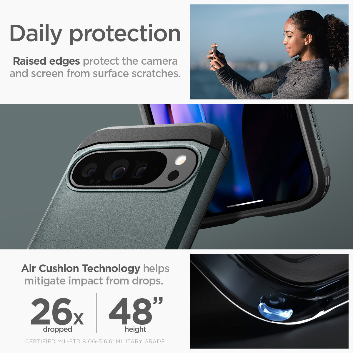 ACS07728 - Pixel 9 Pro XL Case Tough Armor in Abyss Green daily protection raised edges protect the camera and screen from surface scratches. Air cushion technology helps mitigate impact from drops.