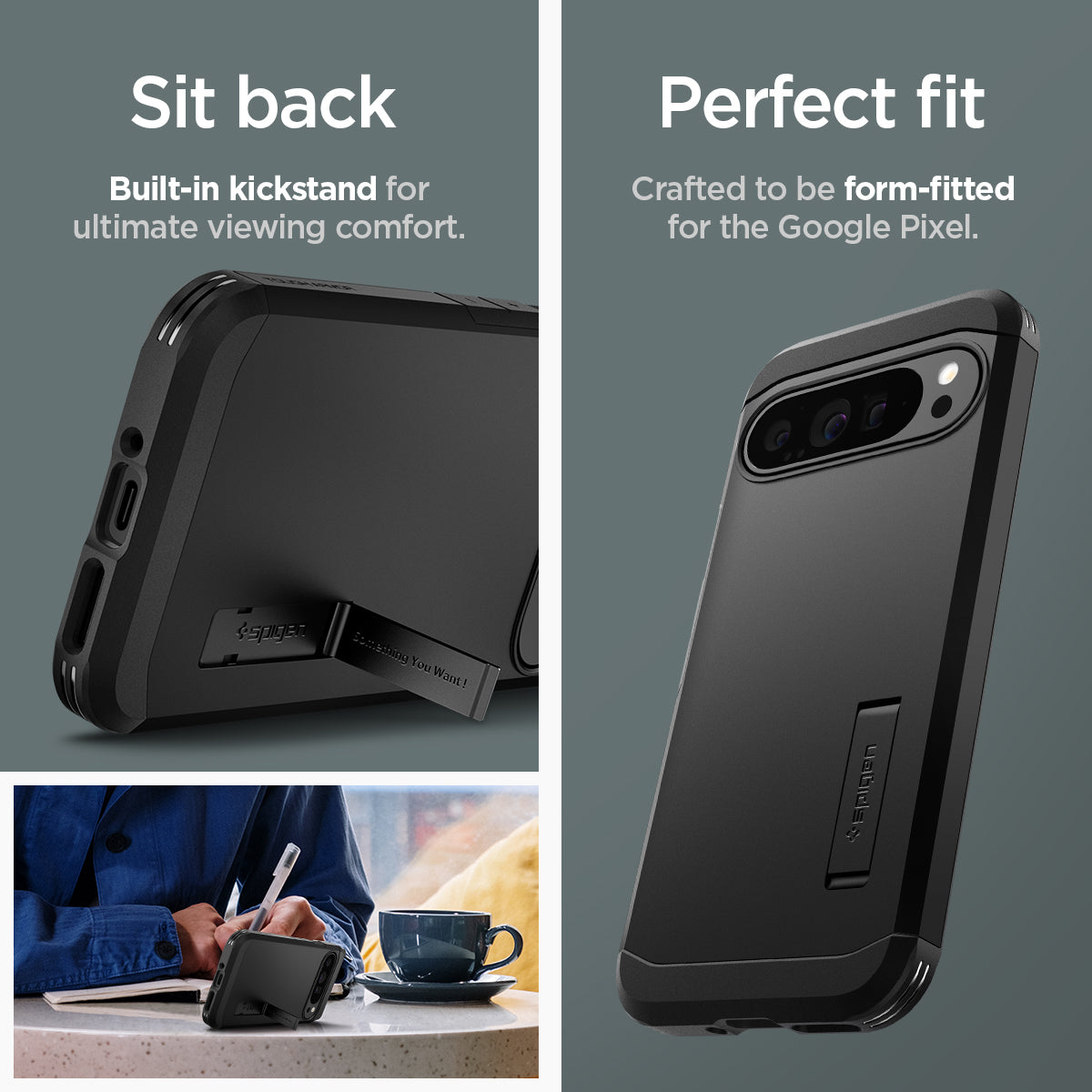 ACS07726 - Pixel 9 Pro XL Case Tough Armor in Black sit back built in kick stand for ultimate viewing comfort. Perfect fit crafted to be form fitted for the google pixel.