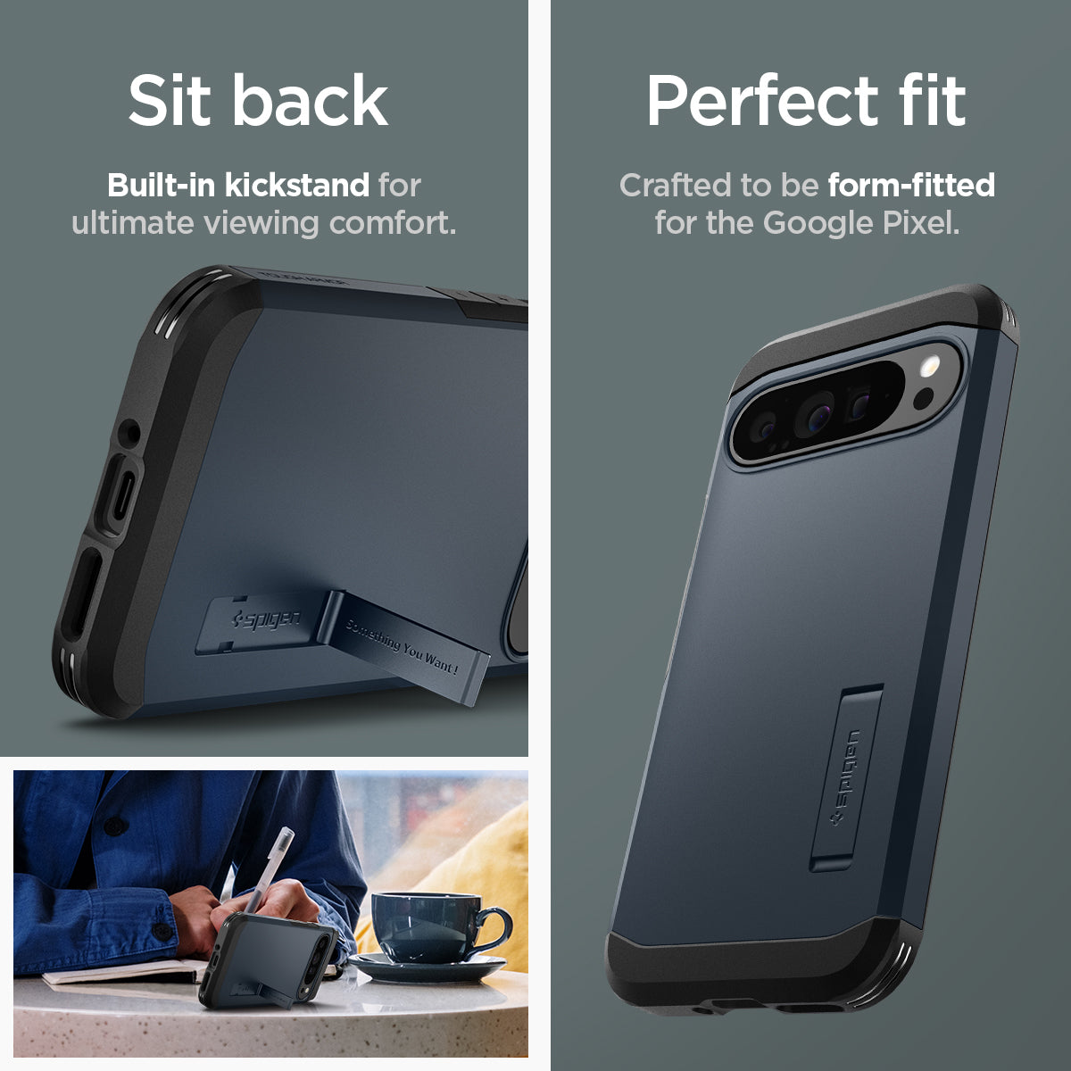 ACS07727 - Pixel 9 Pro XL Case Tough Armor in Metal Slate sit back built in kick stand for ultimate viewing comfort. Perfect fit crafted to be form fitted for the google pixel.