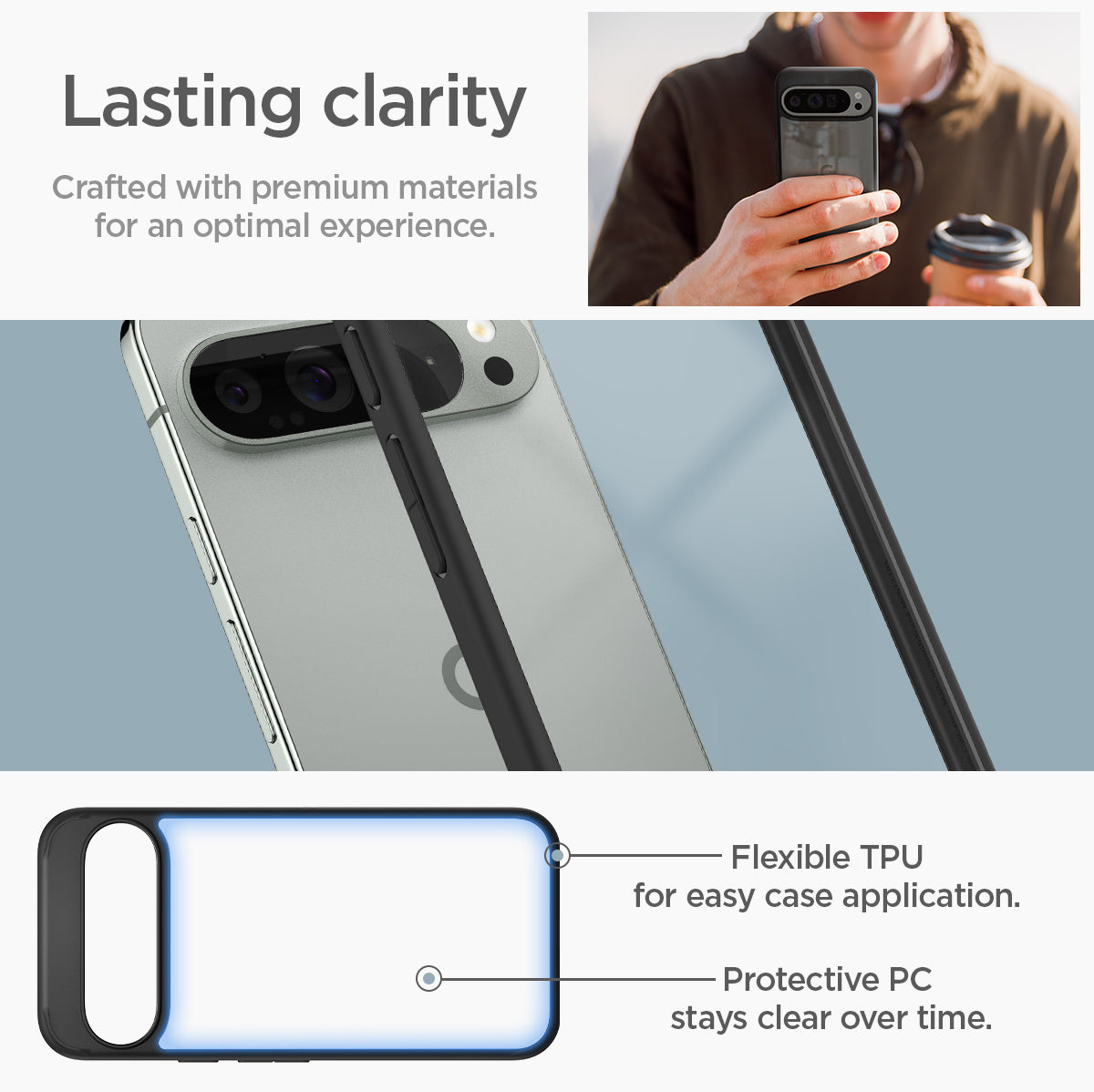 ACS07724 - Pixel 9 Pro XL Case Ultra Hybrid in Matte Black Lasting clarity crafted with premium materials for an optimal experience. Flexible TPU for easy case application. Protective PC stays clear over time.
