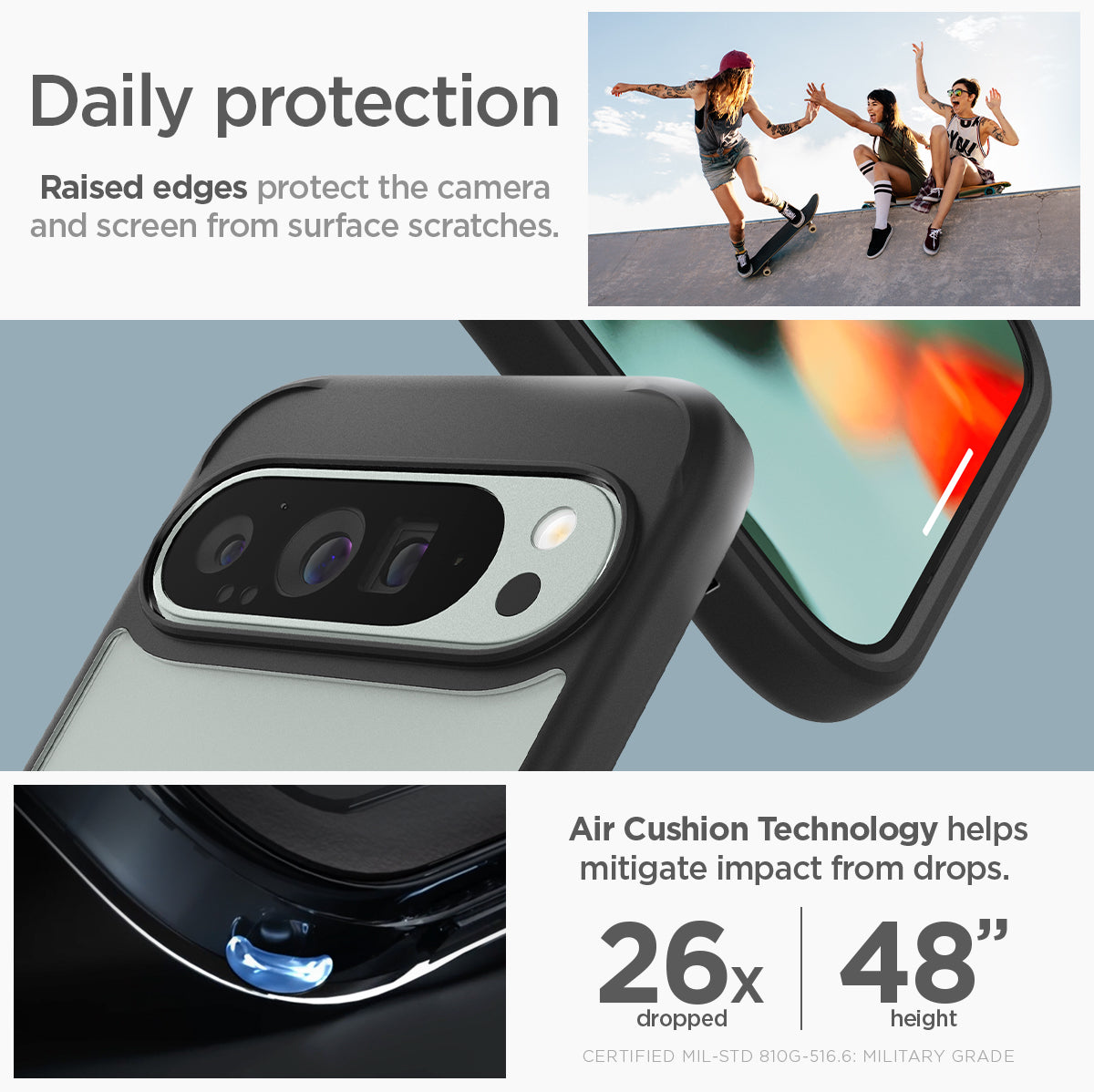 ACS07724 - Pixel 9 Pro XL Case Ultra Hybrid in Matte Black daily protection raised edges protect the camera and screen from surface scratches. Air cushion technology helps mitigate impact from drops.
