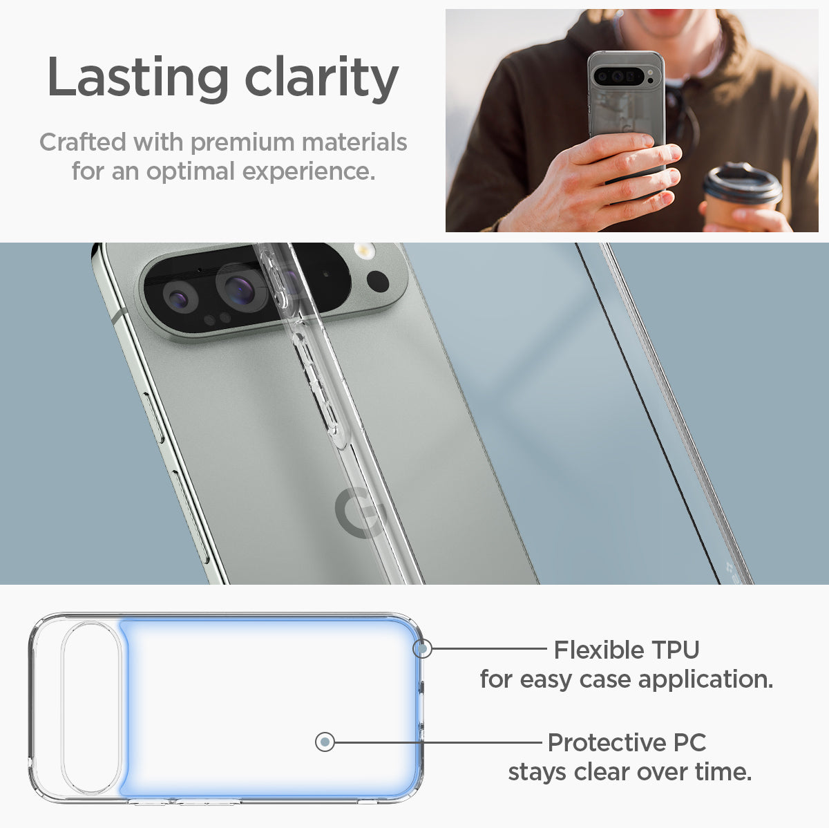 ACS08934 - Pixel 9 Pro XL Case Ultra Hybrid in Crystal Clear Lasting clarity crafted with premium materials for an optimal experience. Flexible TPU for easy case application. Protective PC stays clear over time.