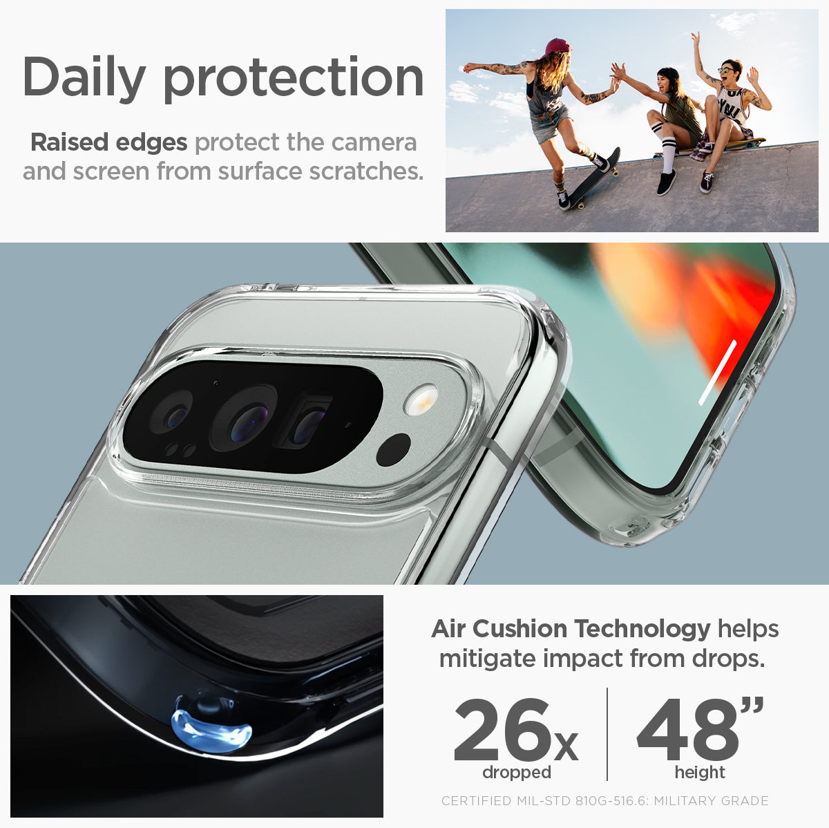 ACS08934 - Pixel 9 Pro XL Case Ultra Hybrid in Crystal Clear daily protection raised edges protect the camera and screen from surface scratches. Air cushion technology helps mitigate impact from drops.