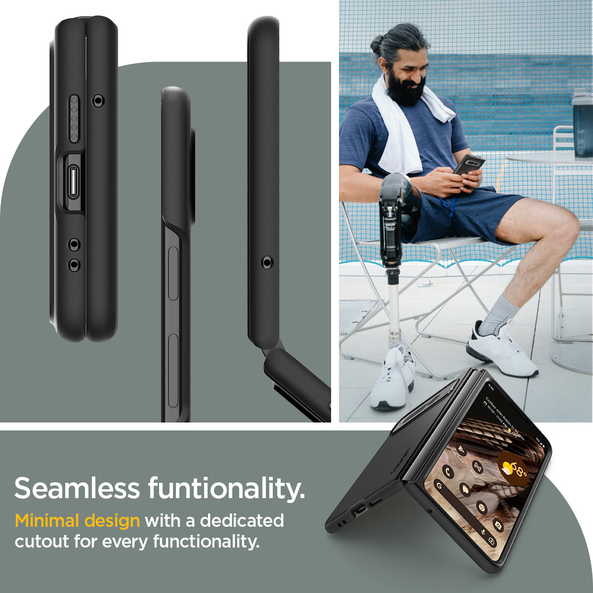 ACS05919 - Pixel Fold Series Case Thin Fit in black seamless functionality. Minimal design with a dedicated cutout for every functionality. 