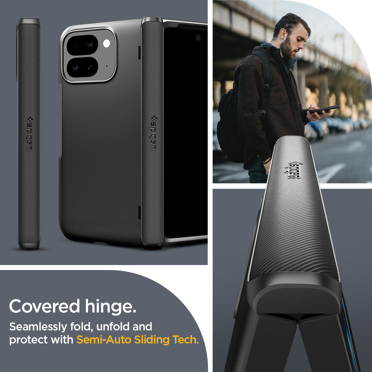 ACS07587 - Pixel Fold 2 Case Slim Armor Pro in Black covered hinge. seamlessly fold, unfold and protect with semi auto sliding tech.